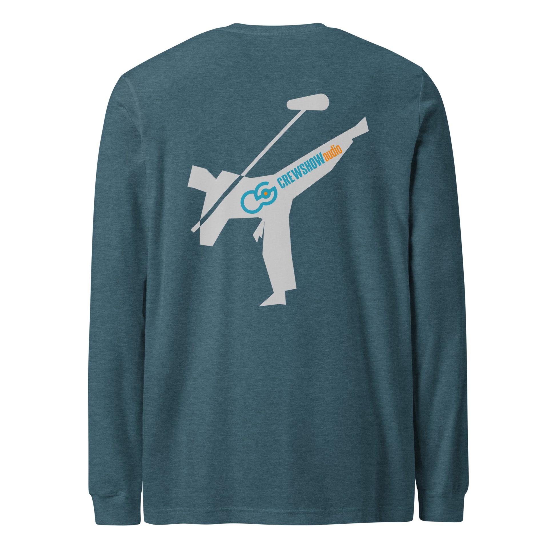 First Lieutenant Boom Warrior long-sleeve tee. Back view of teal colour long-sleeve t-shirt with a large graphic of martial arts fighter holding a boom microphone.