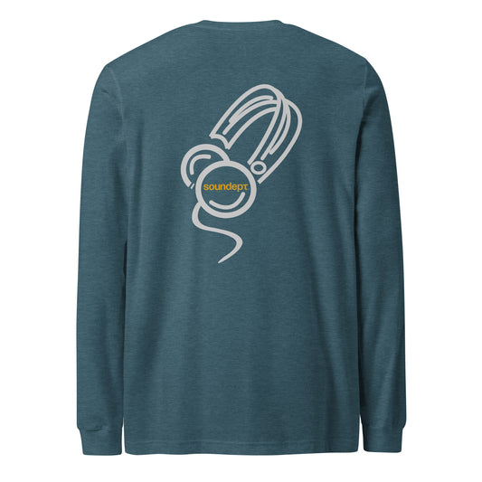 Cantoon Comic Sketch long sleeve tee. Back view of teal colour shirt with cartoon style graphic of headphones.