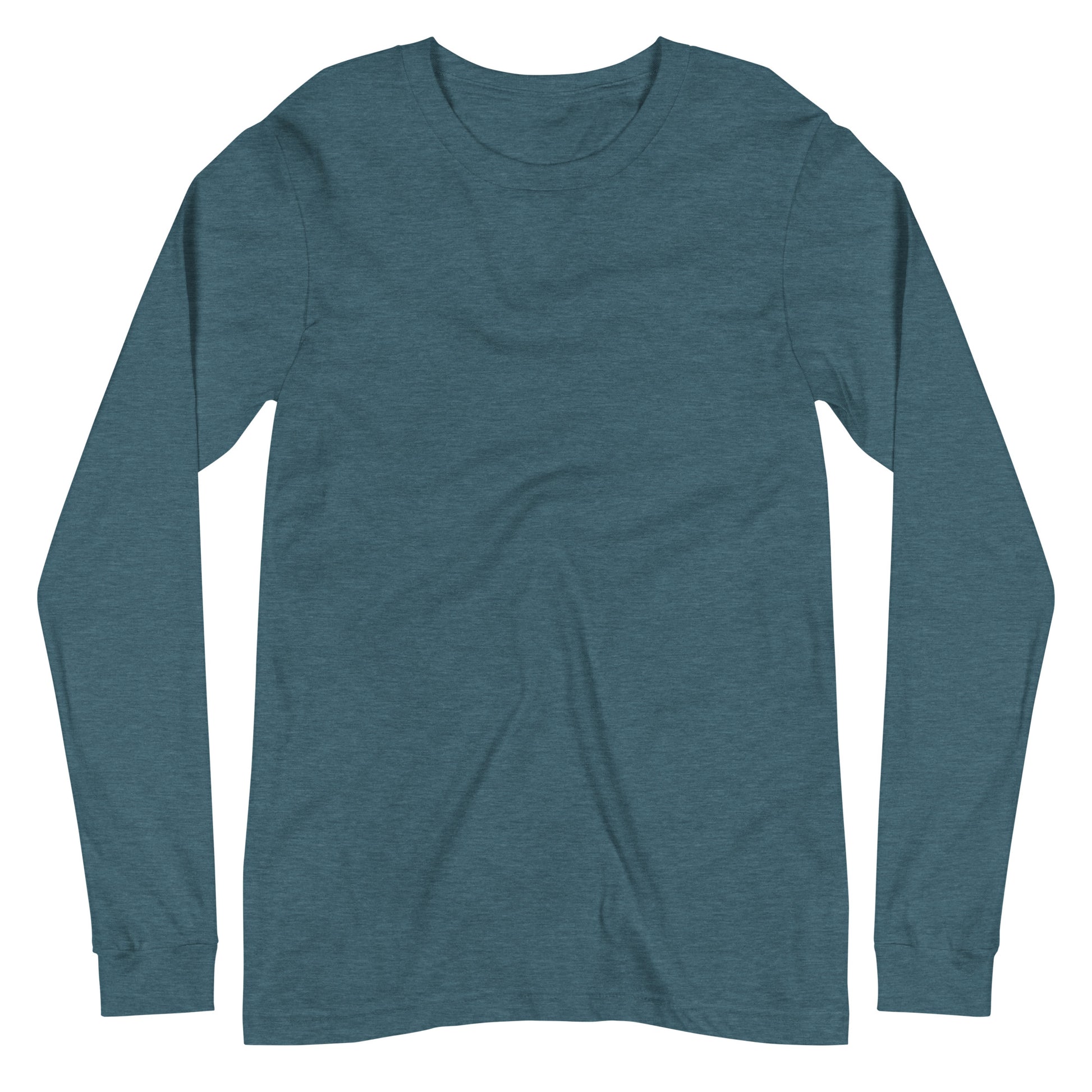 Cantoon Comic Sketch long sleeve tee. Front view of teal colour shirt with no graphics.