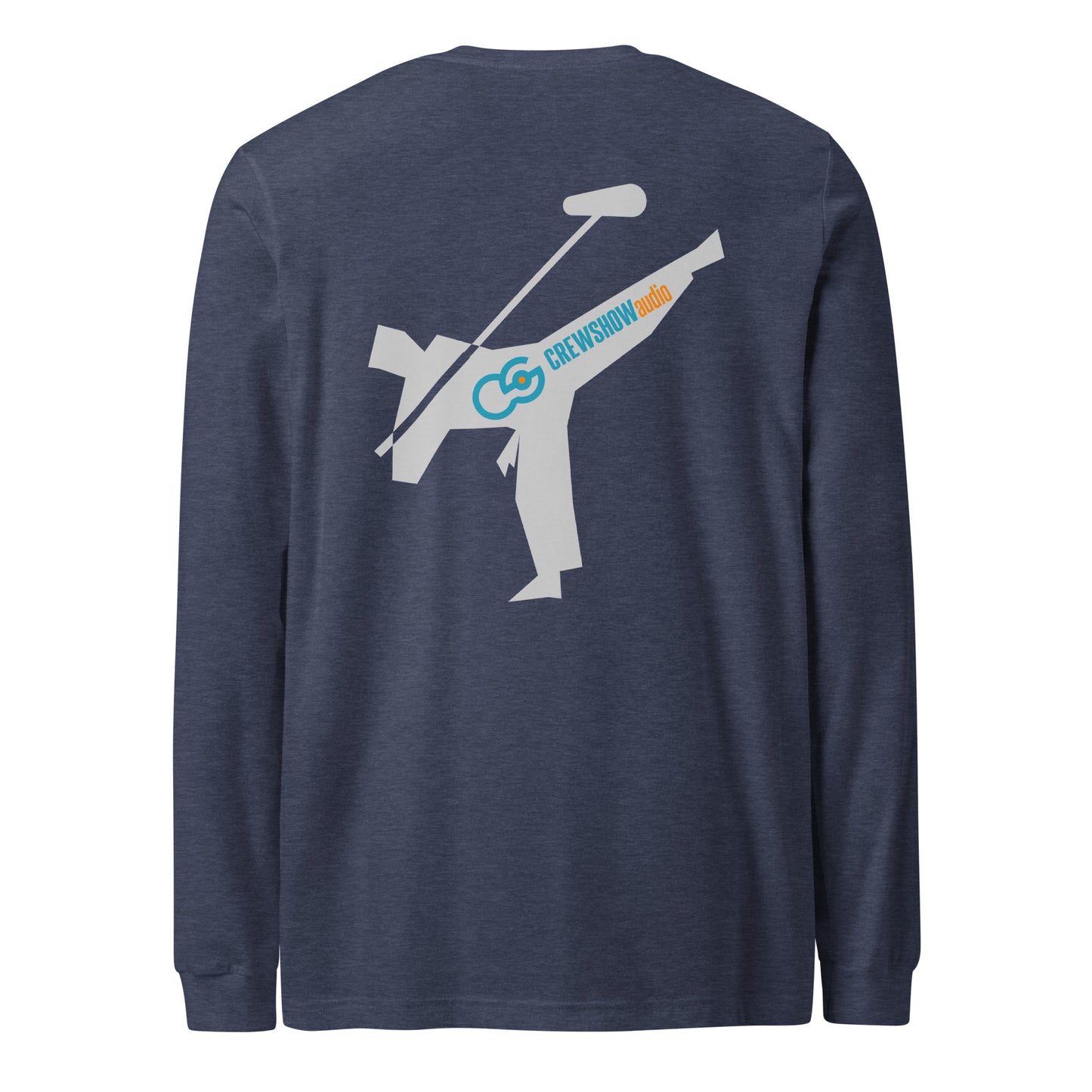 First Lieutenant Boom Warrior long-sleeve tee. Back view of a navy long-sleeve t-shirt with a large graphic of a martial arts fighter holding a boom microphone.