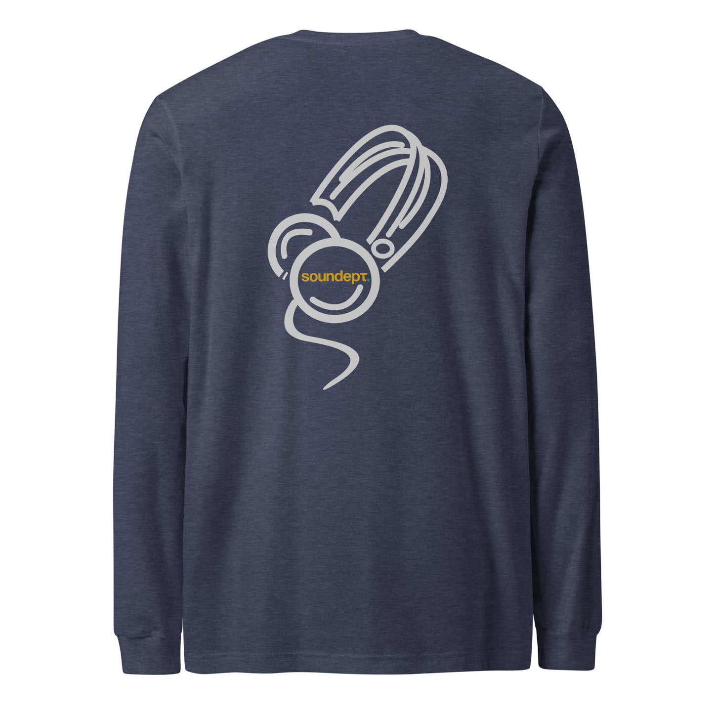 Cantoon Comic Sketch long sleeve tee. Back view of navy colour shirt with cartoon style graphic of headphones.