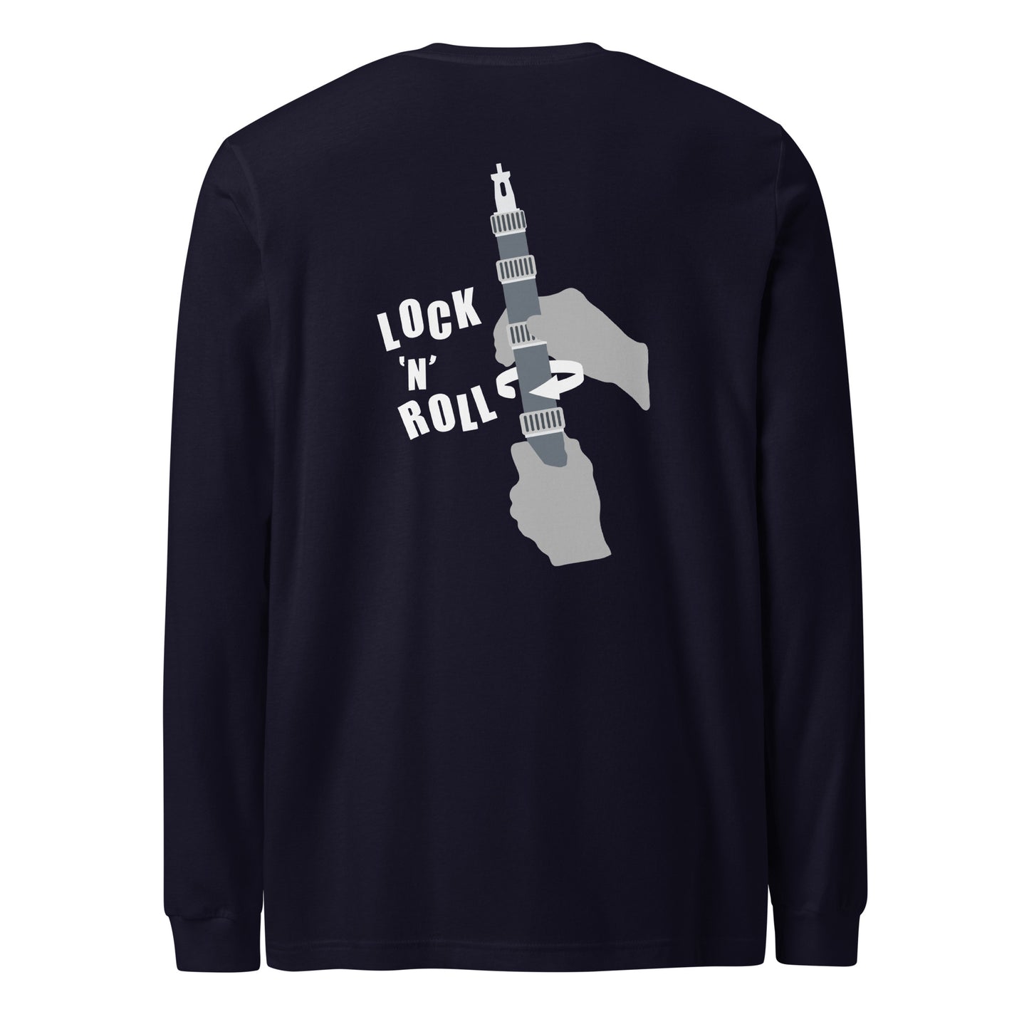 Lock 'n' Roll Boom Pole long sleeve Tee. Back view of a navy blue t-shirt with a graphic of a microphone boom on it.