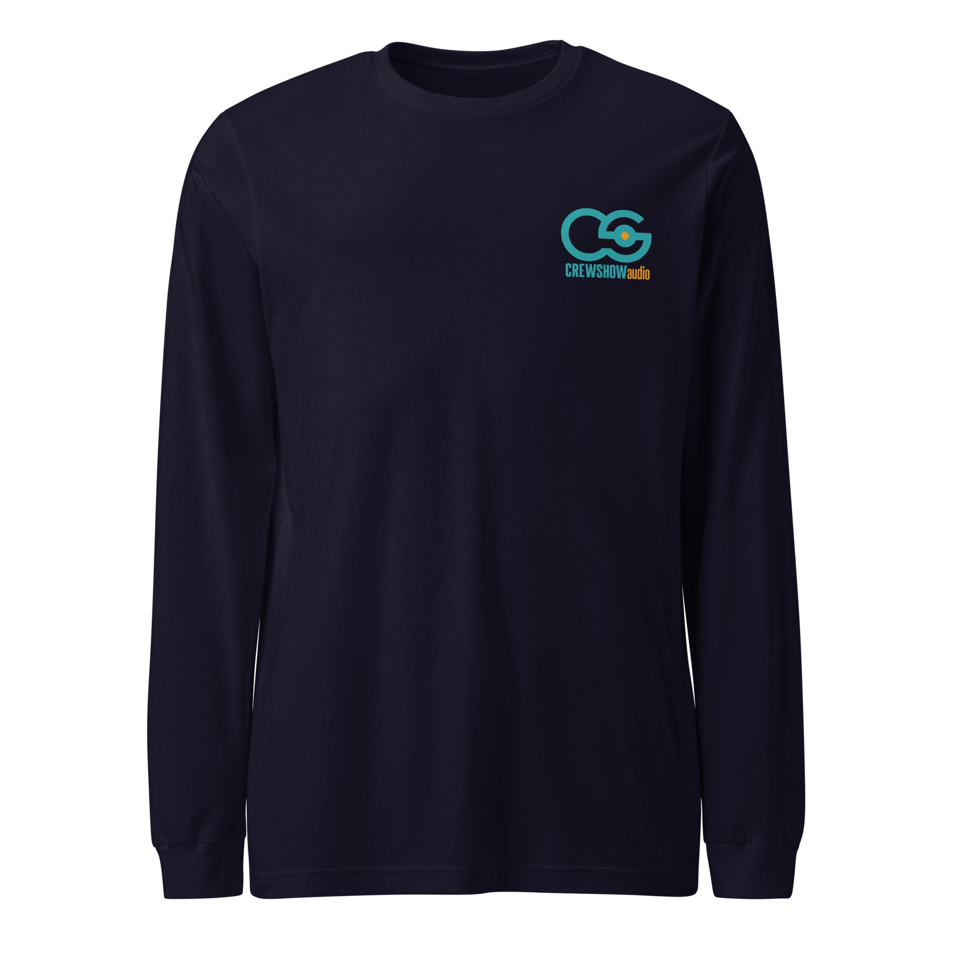 Credits Film Sound Crew Unisex Long Sleeve T-shirt. Front view of navy long sleeve t-shirt with the Crew Show Audio logo on it