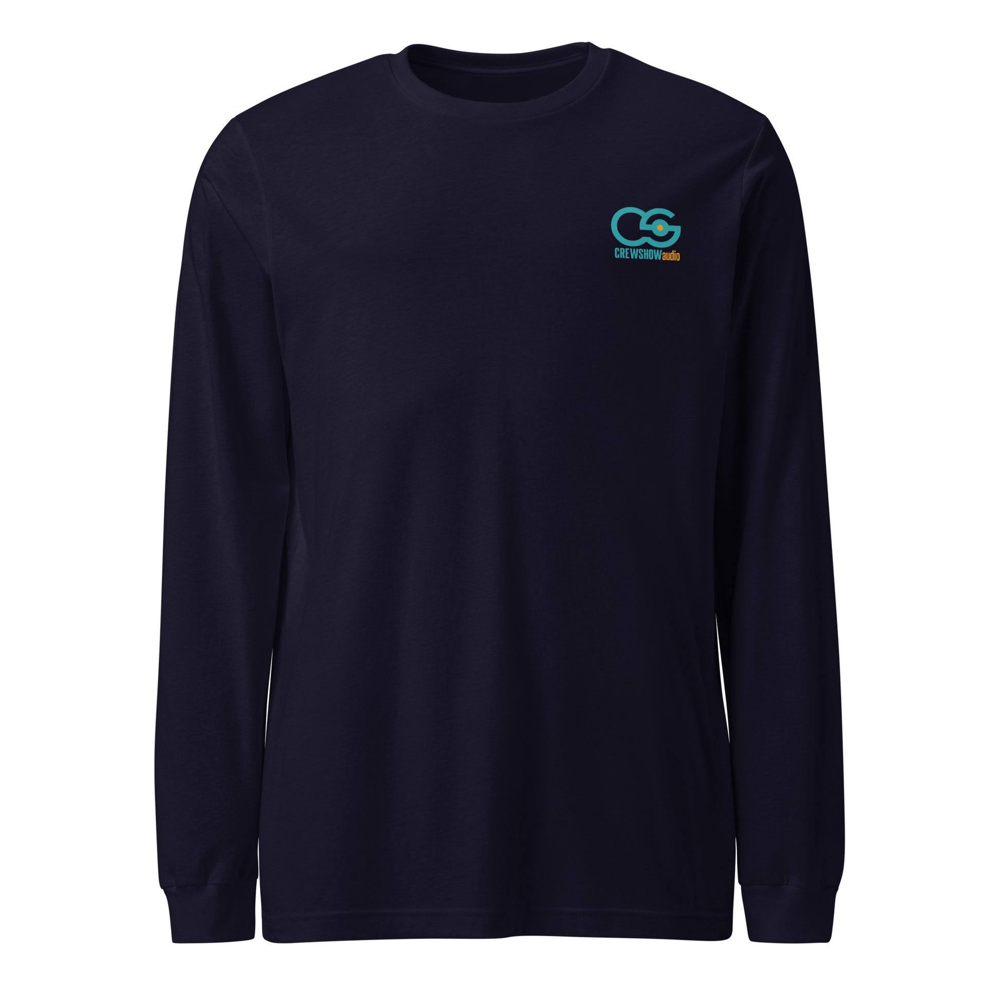 Lock 'n' Roll Boom Pole long sleeve Tee. Front view of a navy blue t-shirt with the Crew Show Audio logo on it.