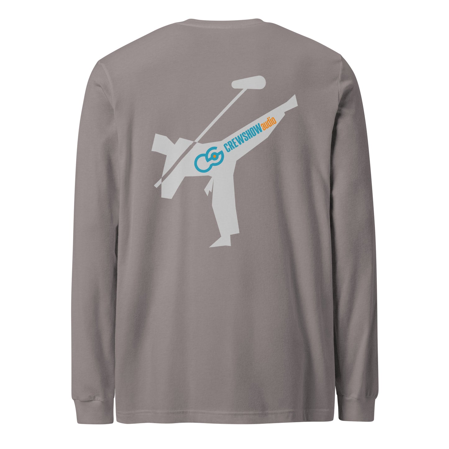 First Lieutenant Boom Warrior long-sleeve tee. Back view of storm colour long-sleeve t-shirt with a large graphic of martial arts fighter holding a boom microphone.