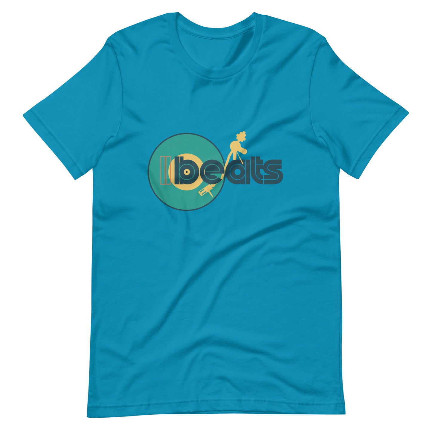 Music Beats Vinyl Player graphic T-shirt. Front view of an aqua blue colour t-shirt with a vinyl record player graphic that says beats.