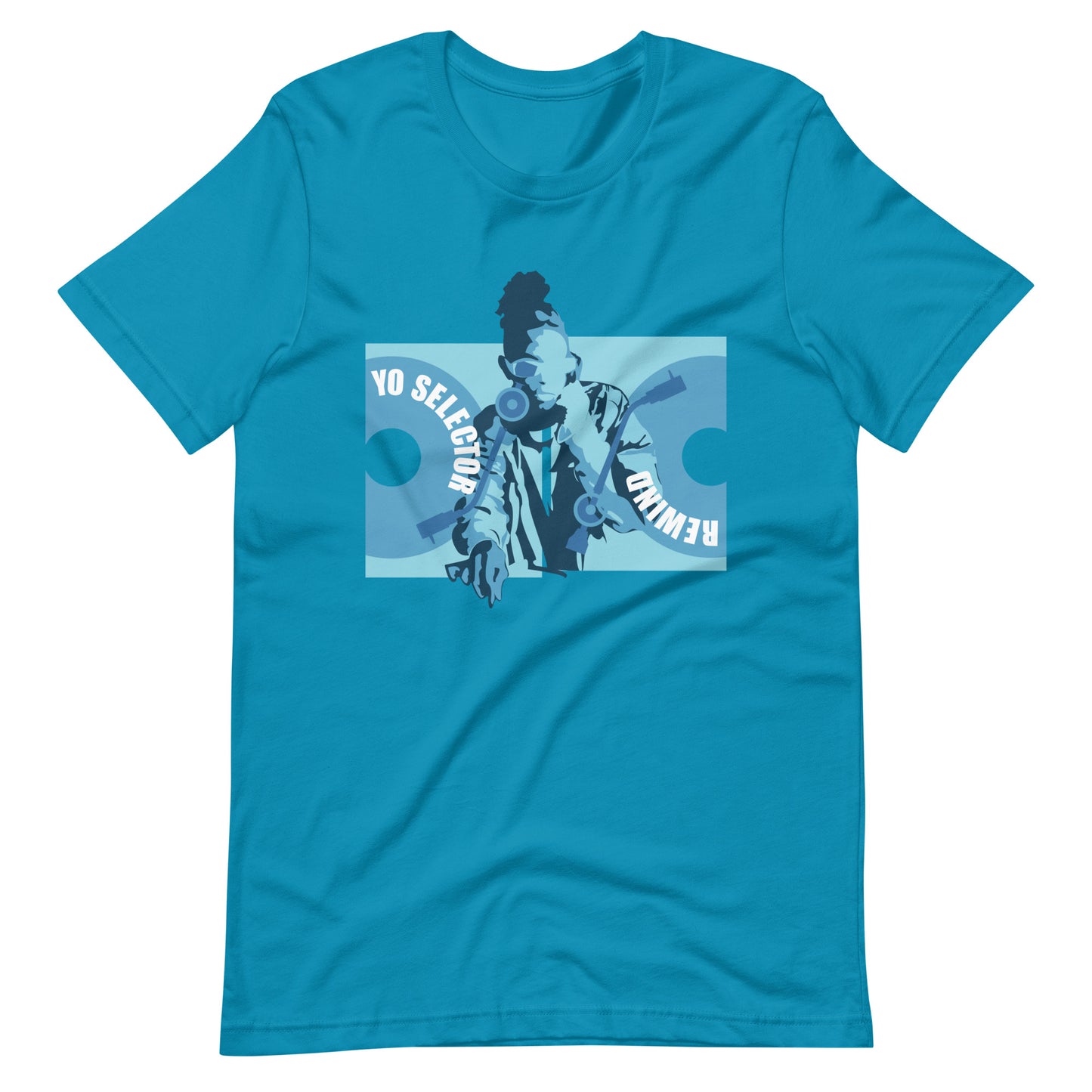 Rewind Selector From The Top graphic t-shirt. Front view of an aqua blue colour t-shirt with a graphic of a DJ with 2 record decks.