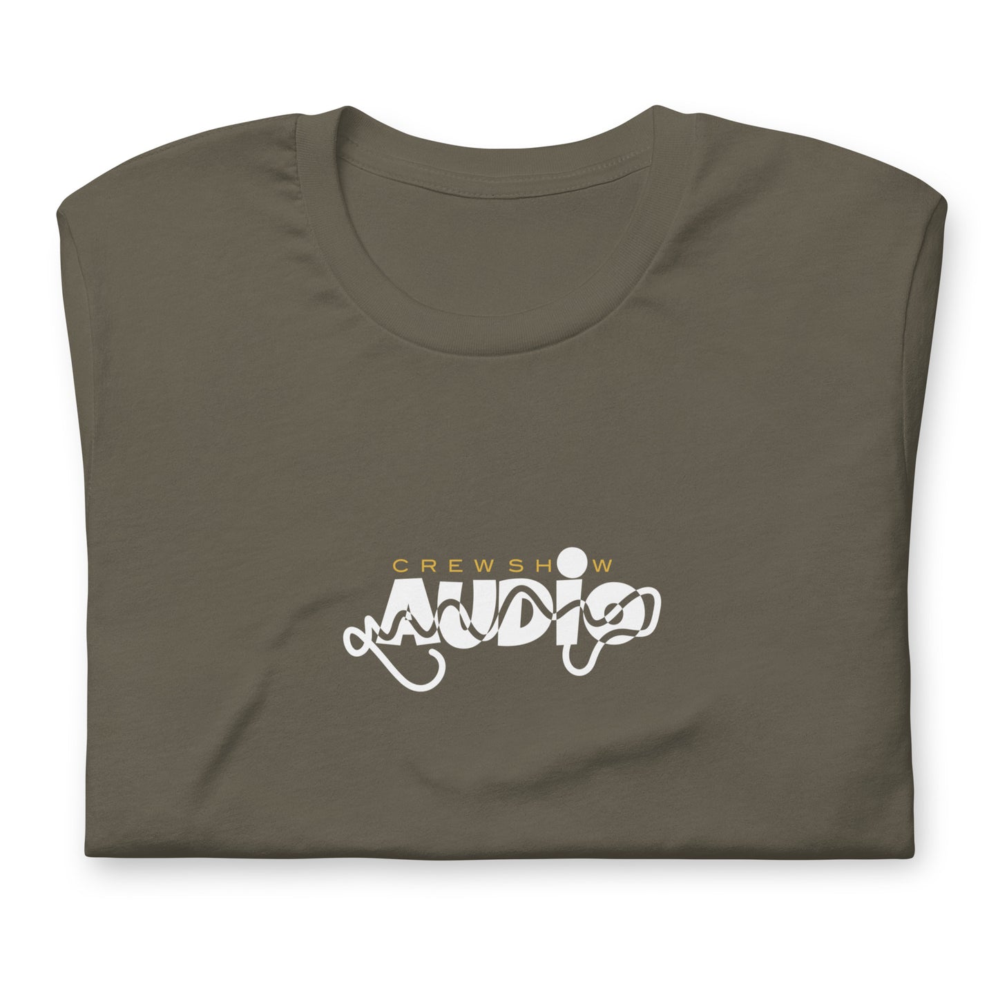 Selektor 2 tone graphic t-shirt. Front view of folded army green colour  t-shirt with a graphic that says AUDIO.