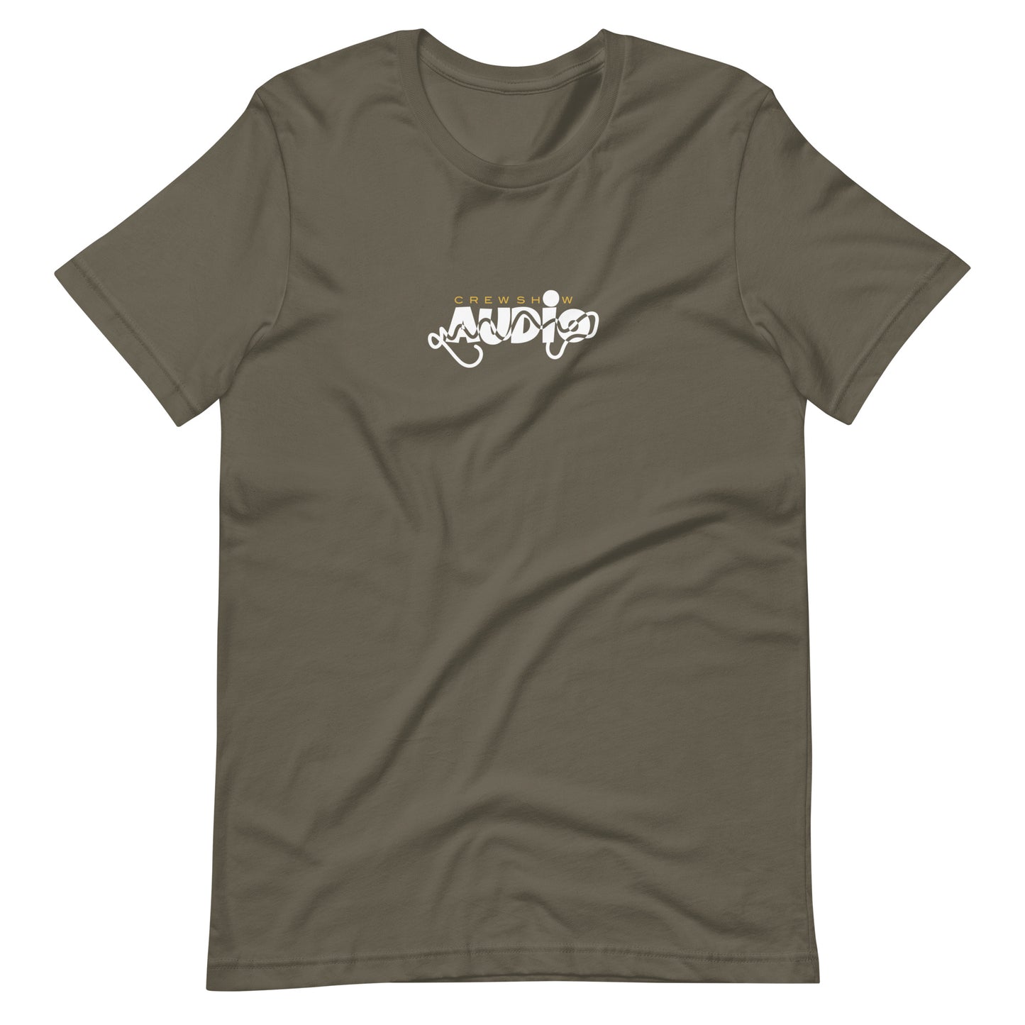 Selektor 2 tone graphic t-shirt. Front view of open army green colour  t-shirt with a graphic that says AUDIO.