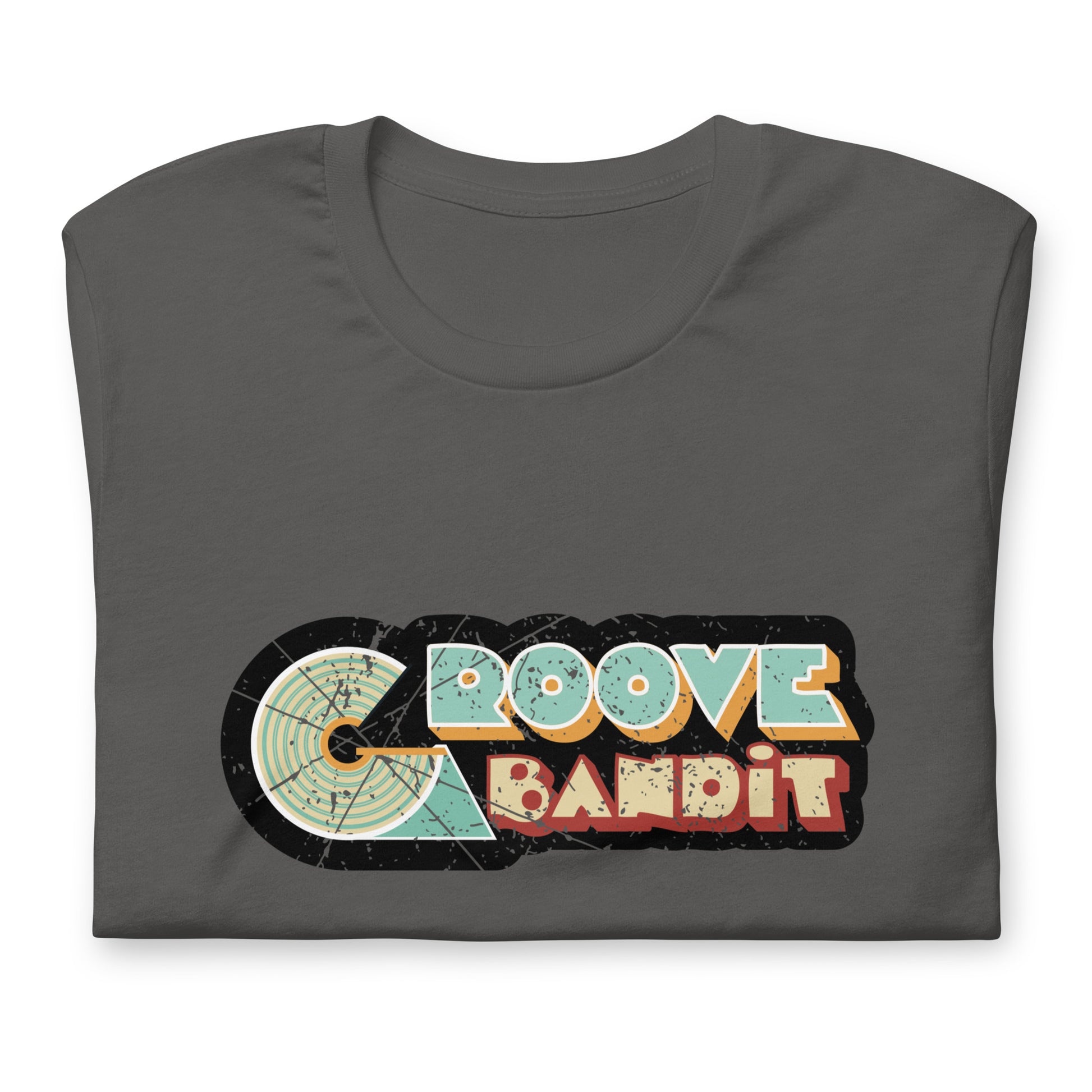 Groove Bandit Vintage Vinyl graphic T-shirt. Front view of folded grey colour t-shirt with a vintage look graphic that says Groove Bandit.