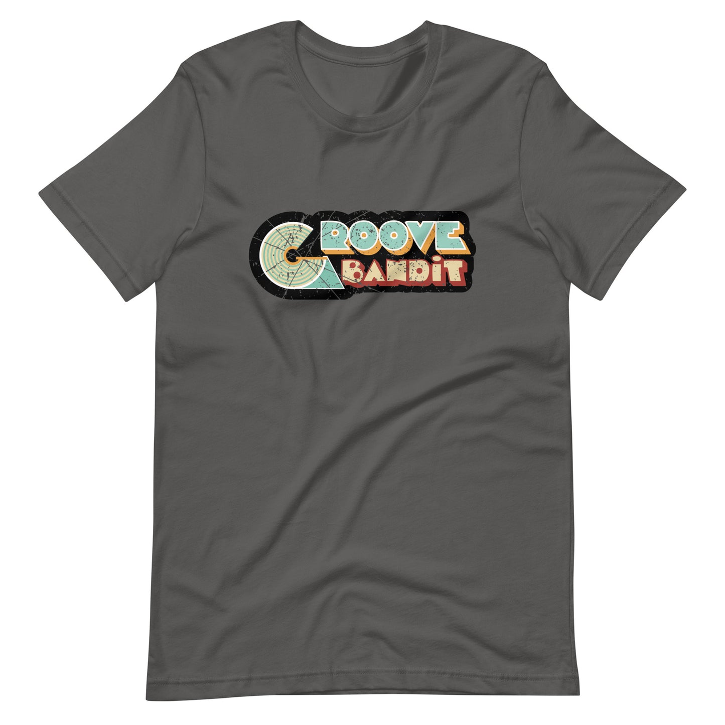 Groove Bandit Vintage Vinyl graphic T-shirt. Front view of an open grey colour t-shirt with a vintage look graphic that says Groove Bandit.