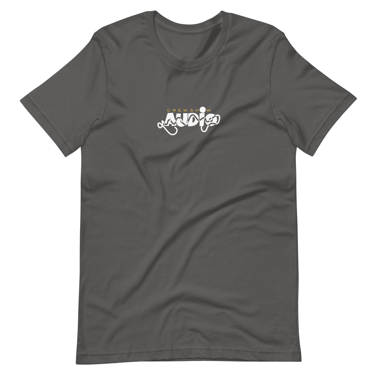 Selektor 2 tone graphic t-shirt. Front view of open asphalt colour t-shirt with a graphic that says AUDIO.