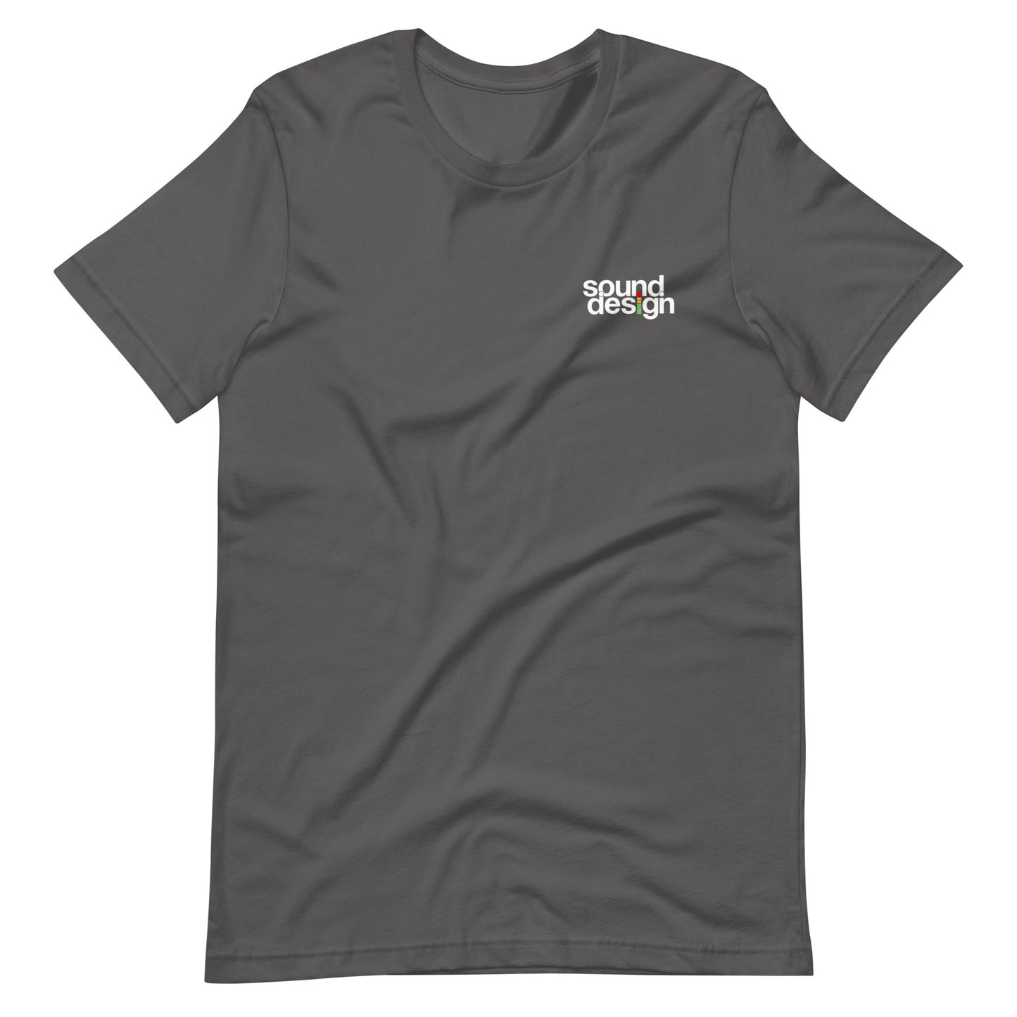 iMeter Sound Design graphic t-shirt. Front view of asphalt colour t-shirt with a graphic that says Sound Design.