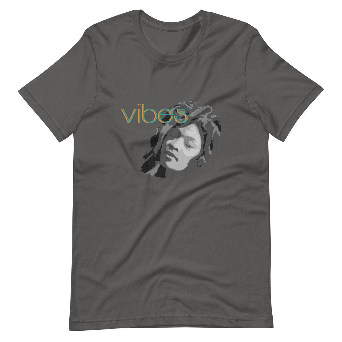 Cool Vibes Easy Listening graphic t-shirt. Front view of asphalt colour t-shirt with a graphic of a dreamy looking black woman with text that says vibes.