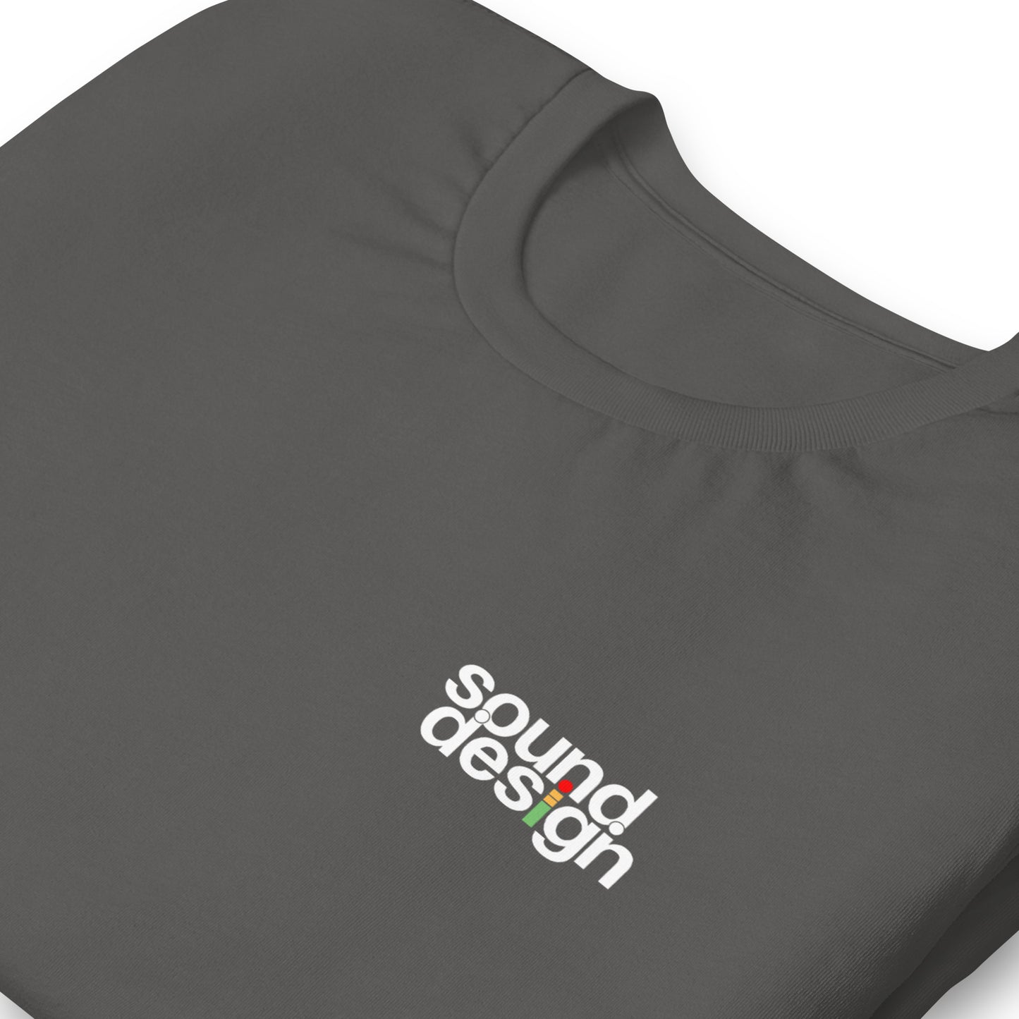 iMeter Sound Design graphic t-shirt. Close up front view of asphalt colour t-shirt with a graphic that says Sound Design.