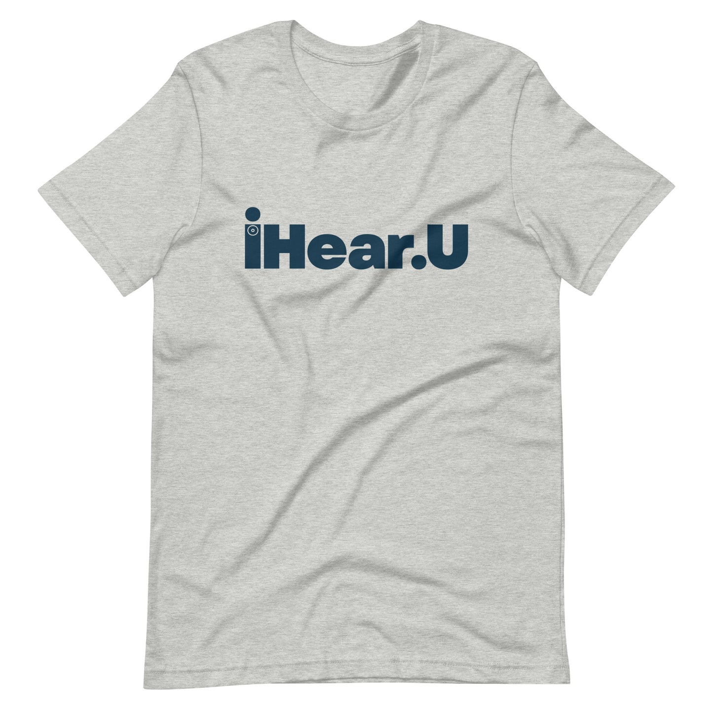 iHearU Loud & Clear graphic T-shirt. Front view of a grey t-shirt that says iHearU