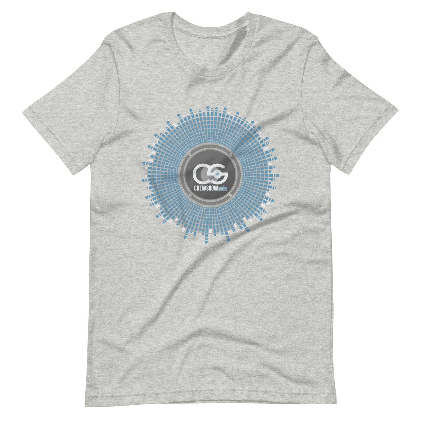 Bass driver sound explosion graphic T-shirt. Front view of an open light grey colour t-shirt with a graphic image of a loudspeaker driver cone.