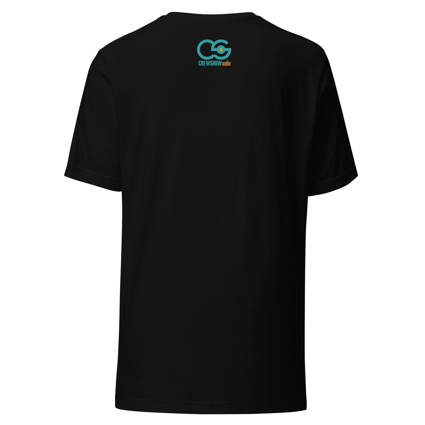 Credits Film Sound Crew graphic t-shirt. Back view of a black t-shirt with the Crew Show Audio logo design on it.