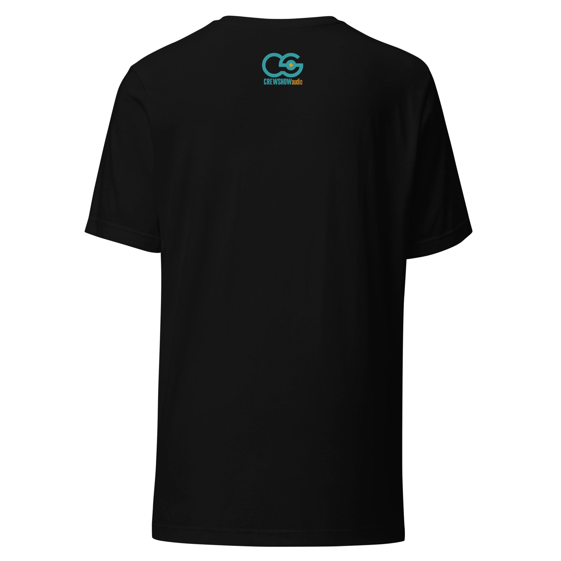 Crew Show Audio Sound Dept No.2 graphic T-shirt. Back view of black t-shirt with the Crew Show Audio logo at the neck.