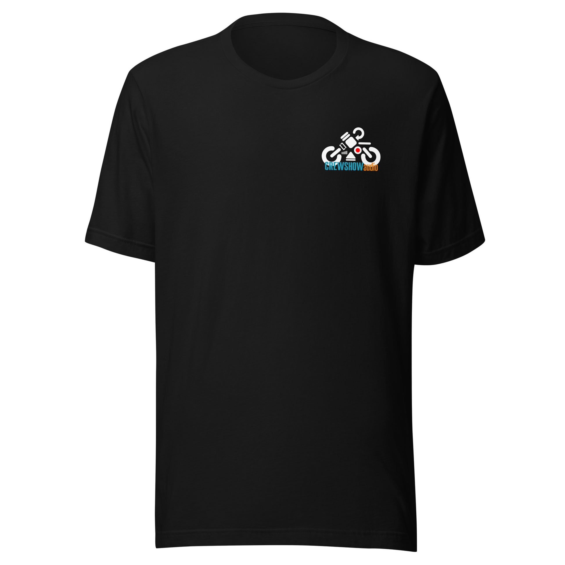 Audi Icons Biker graphic T-shirt. Front view of a black t-shirt with a small graphic of a motorbike made up of audio control symbols, on the left breast pocket.