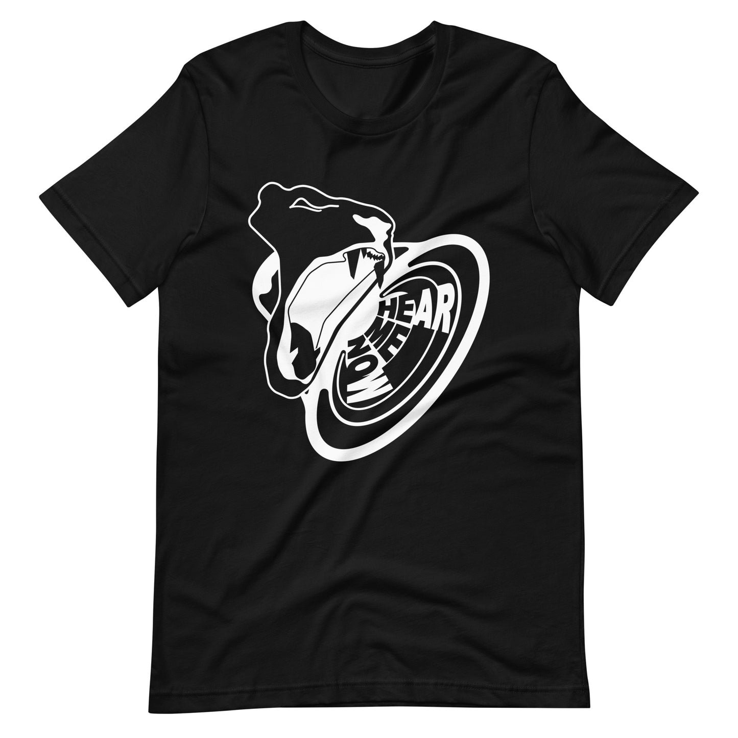 Hear me now Roaring lion graphic T-shirt. Front view of open black t-shirt with graphic in white of a roaring lion.