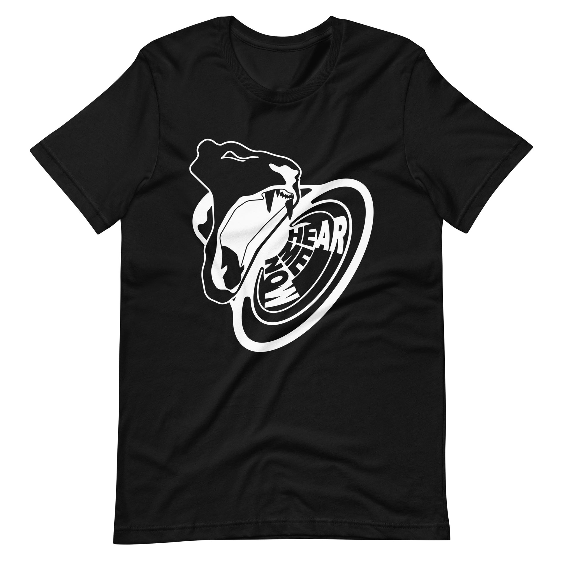 Hear me now Roaring lion graphic T-shirt. Front view of open black t-shirt with graphic in white of a roaring lion.