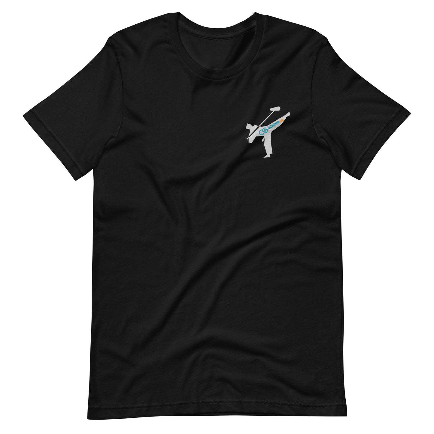 Active Duty Sound Crew graphic T-shirt. Front view of open black T-shirt with a graphic of martial arts fighter, holding a boom microphone.