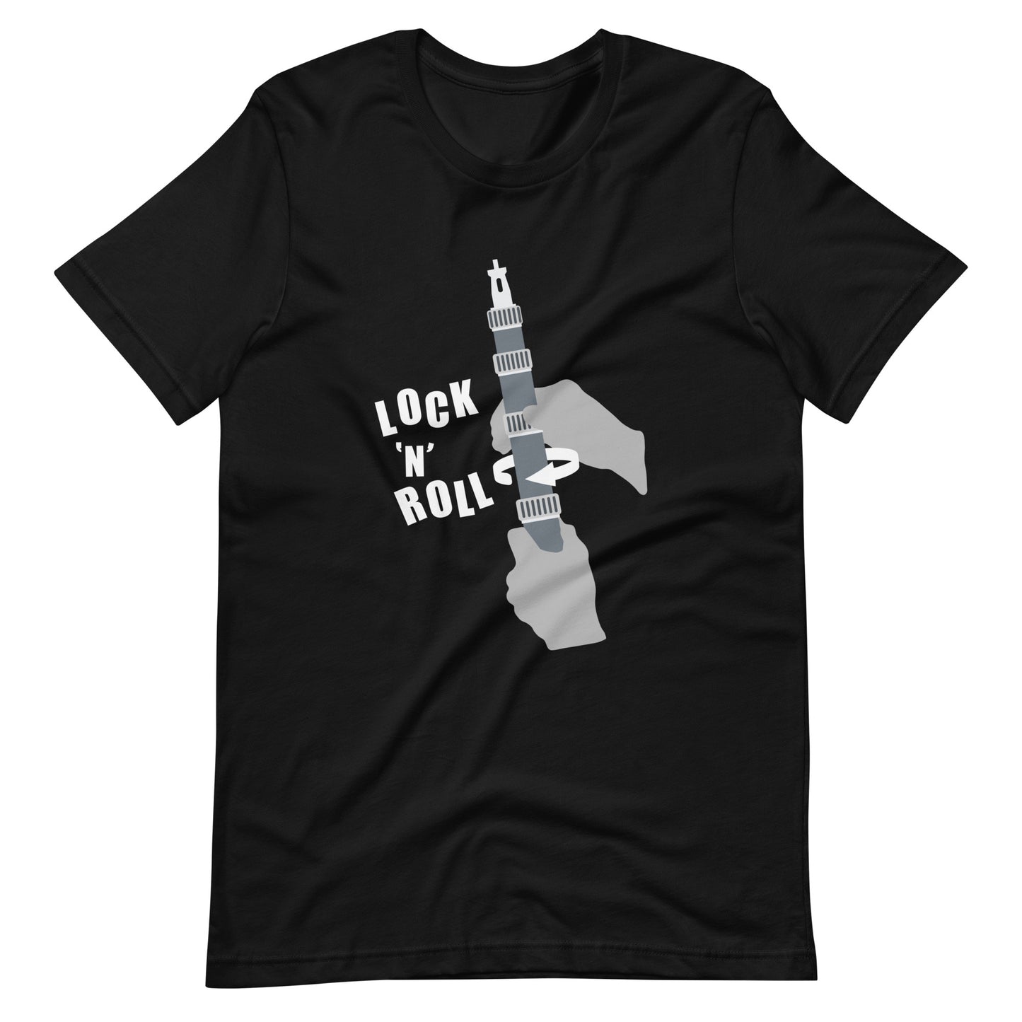 Lock 'n' Roll Boom Pole graphic T-shirt. Front view of open black t-shirt with a graphic of hands twisting a microphone boom pole.