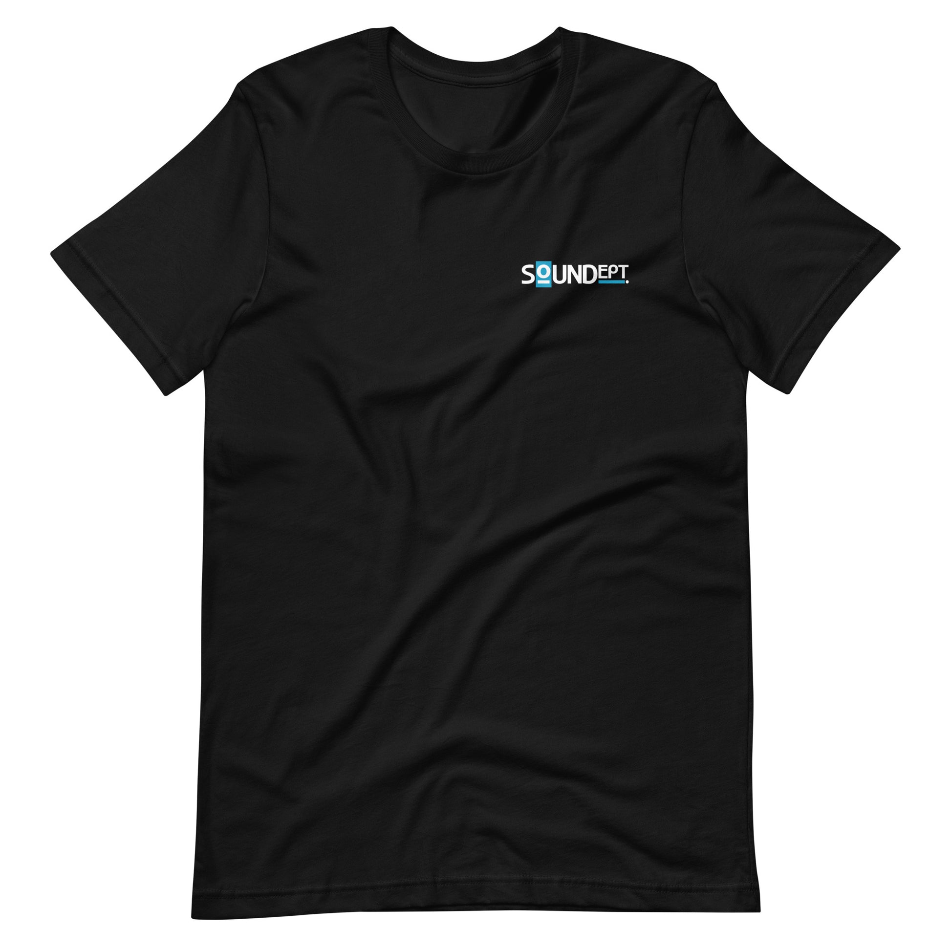 Crew Show Audio Sound Dept No.1 graphic T-shirt. Front view of open black t-shirt with a graphic that says SOUNDEPT.