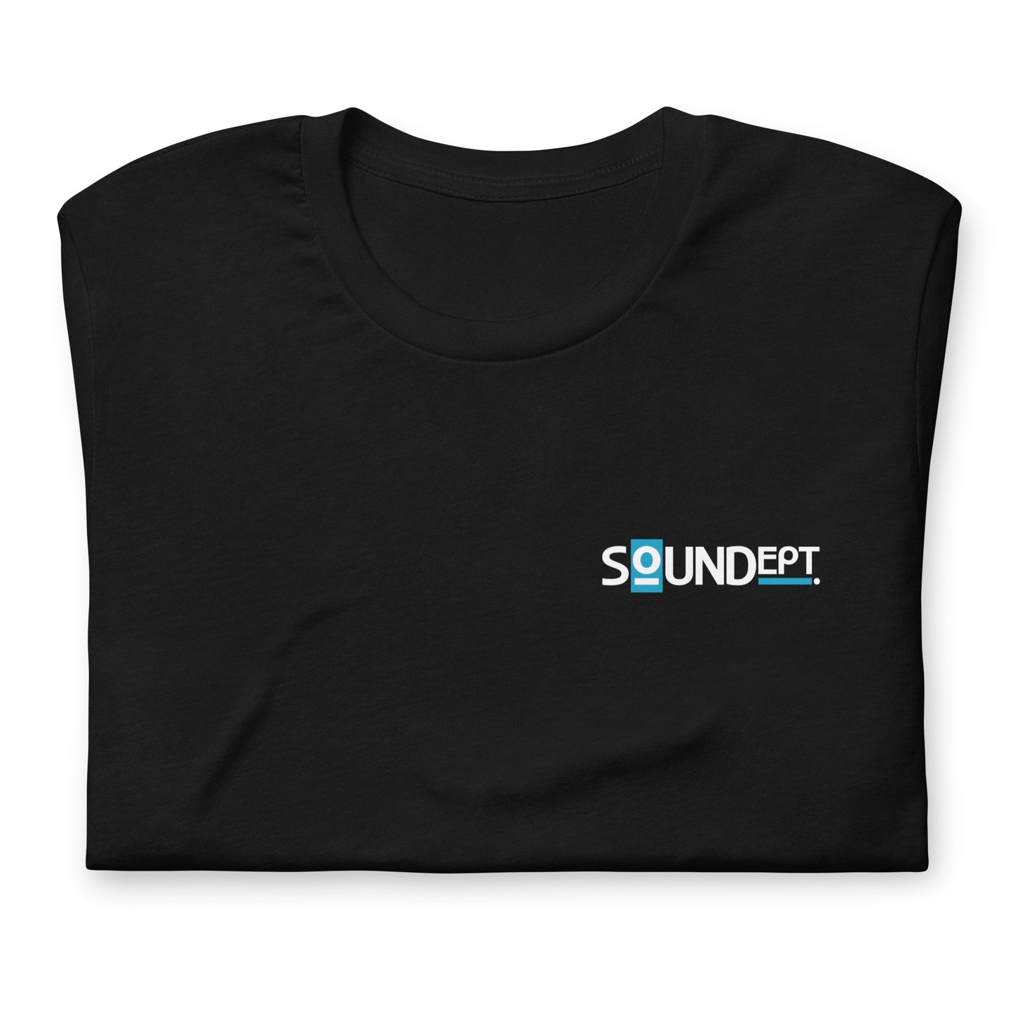 Crew Show Audio Sound Dept No.1 graphic T-shirt. Front view of folded black t-shirt with a graphic that says SOUNDEPT.