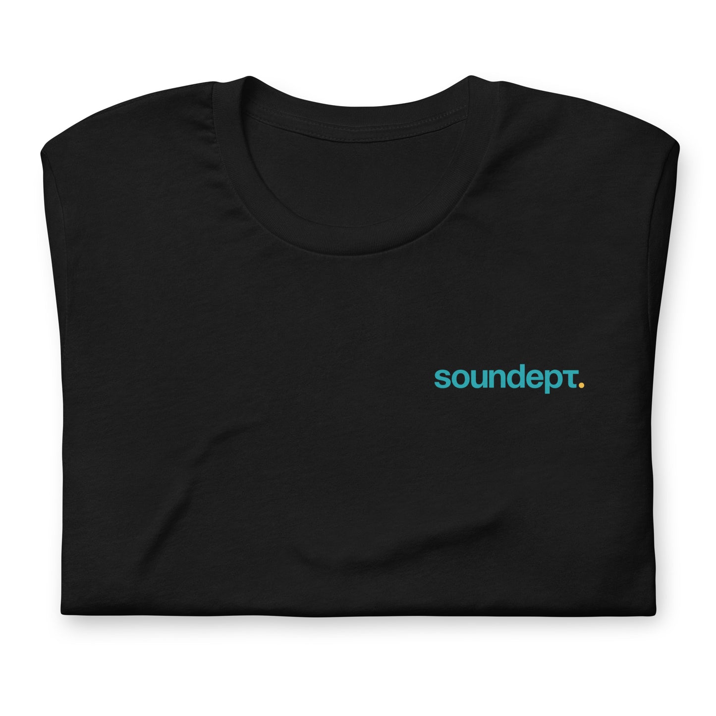 Crew Show Audio Sound Dept No.2 graphic T-shirt. Front view of folded black t-shirt with a graphic that says soundept.