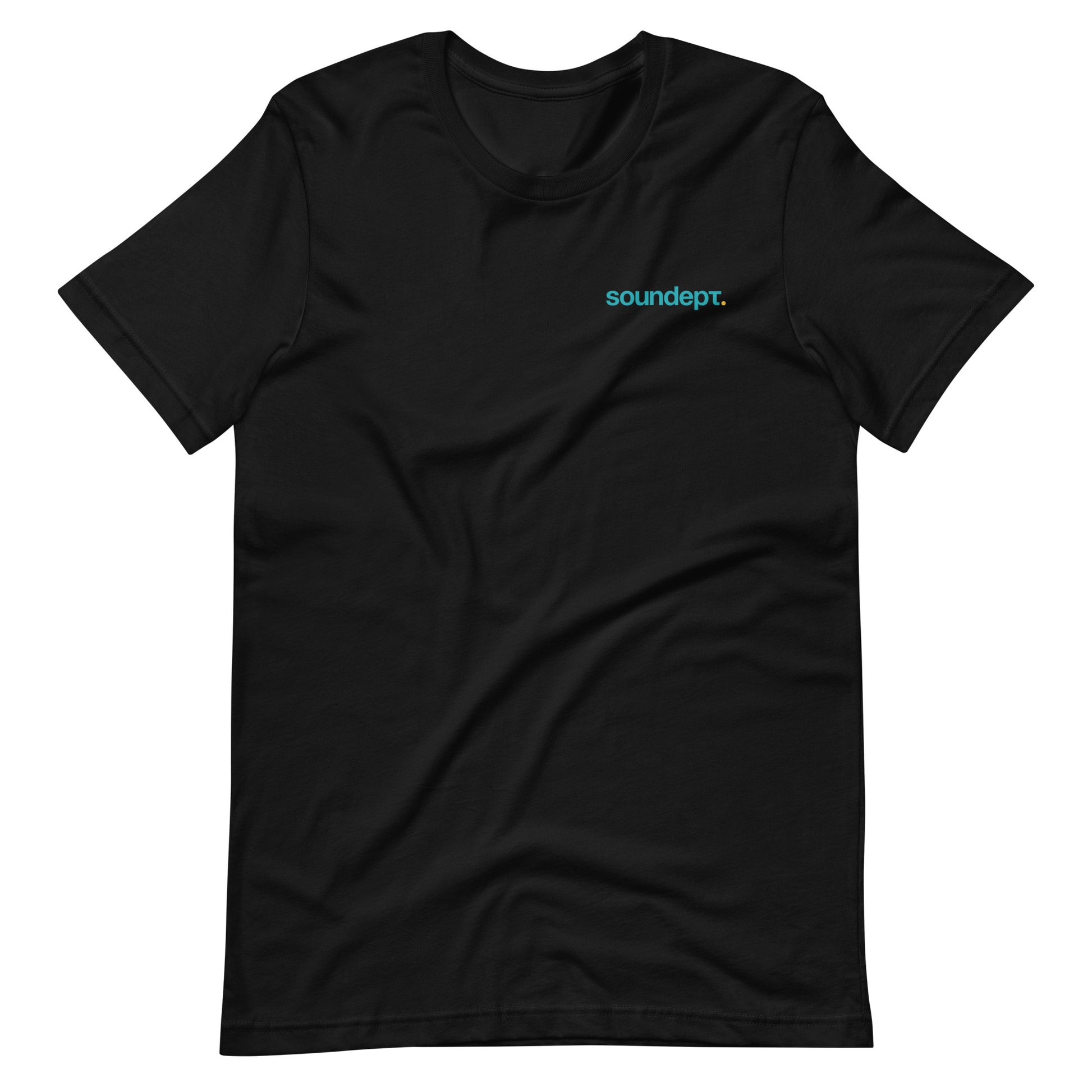 Crew Show Audio Sound Dept No.2 graphic T-shirt. Front view of open black t-shirt with a graphic that says SOUNDEPT.