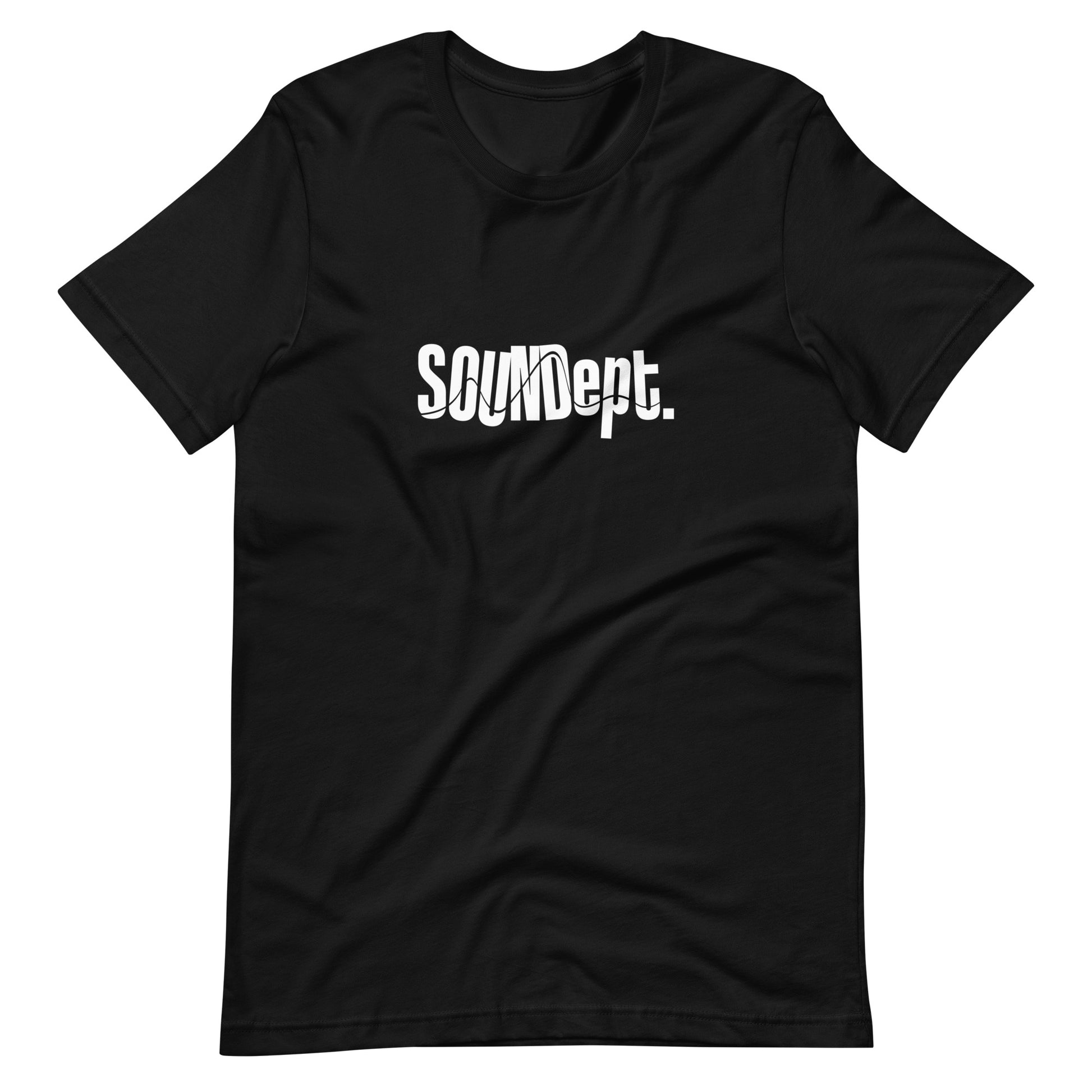 Crew Show Audio - Sound Dept No.3 graphic T-shirt. Front view of open black t-shirt with a large graphic that says SOUNDept.