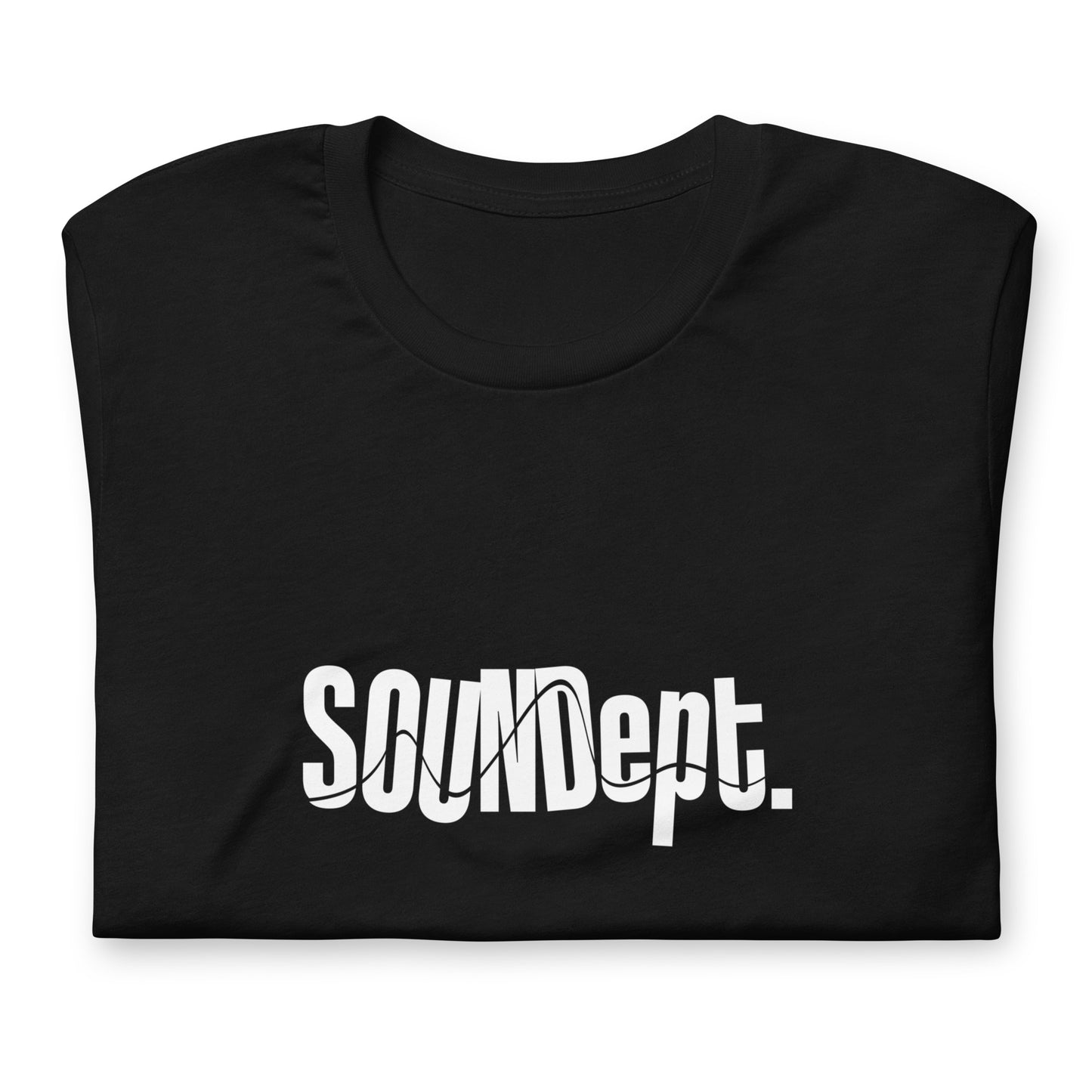 Crew Show Audio - Sound Dept No.3 graphic T-shirt. Front view of black t-shirt with a large graphic that says SOUNDept.