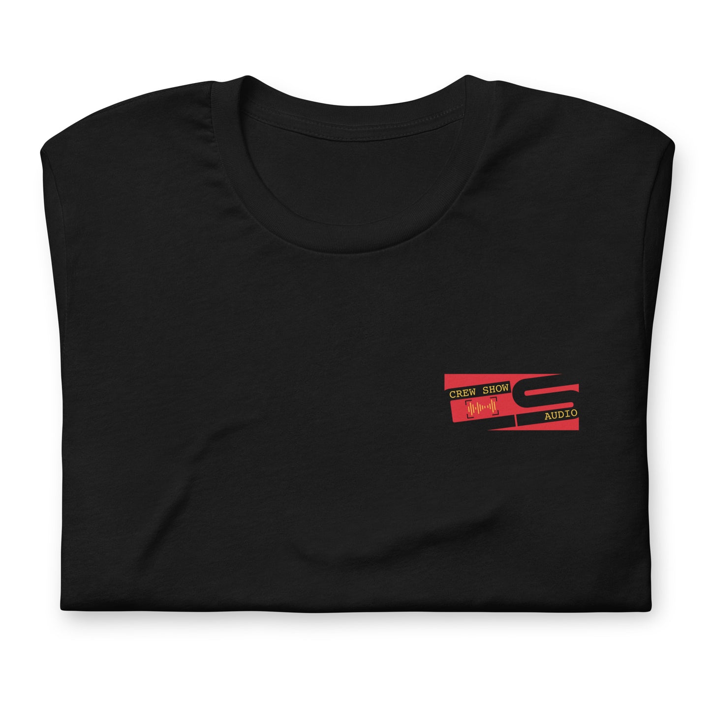Raise the flag Sound crew graphic T-shirt. Front view folded black t-shirt with a graphic in red that looks like a flag.