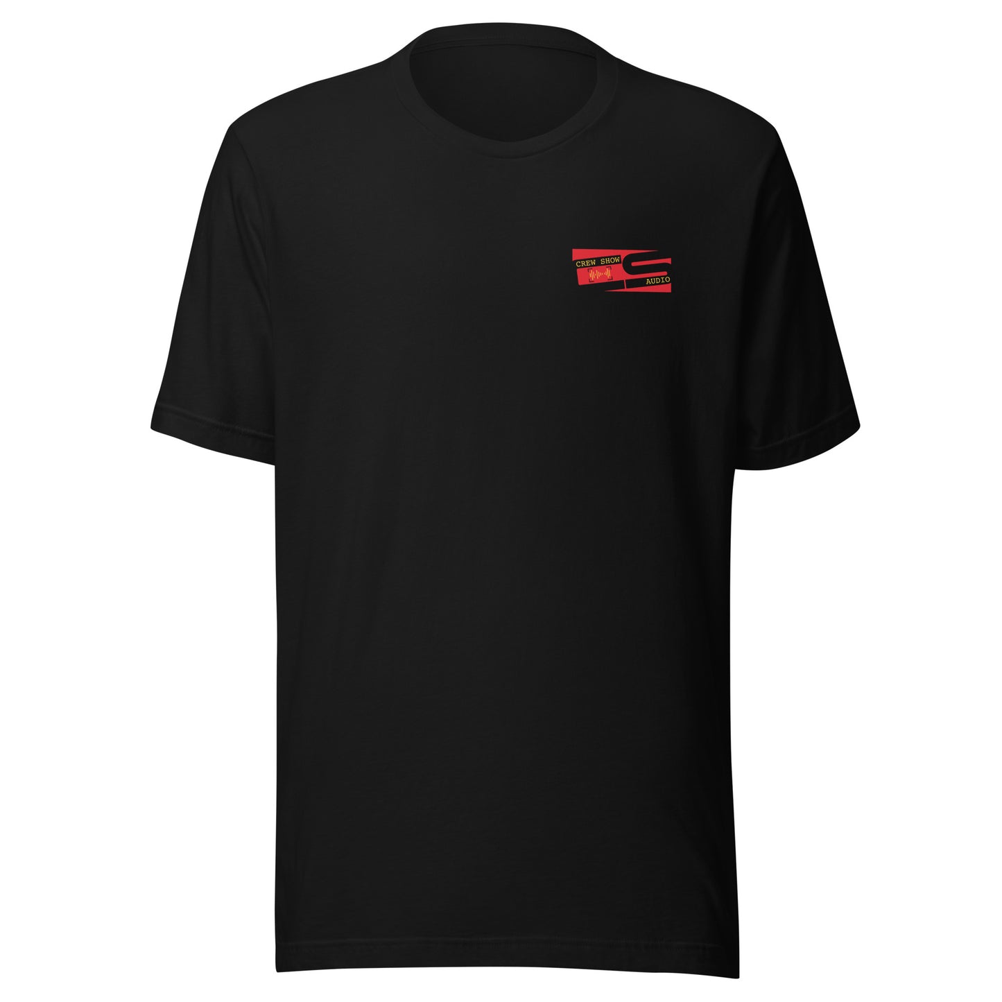 Raise the flag Sound crew graphic T-shirt. Front view of black t-shirt with a graphic in red that looks like a flag.