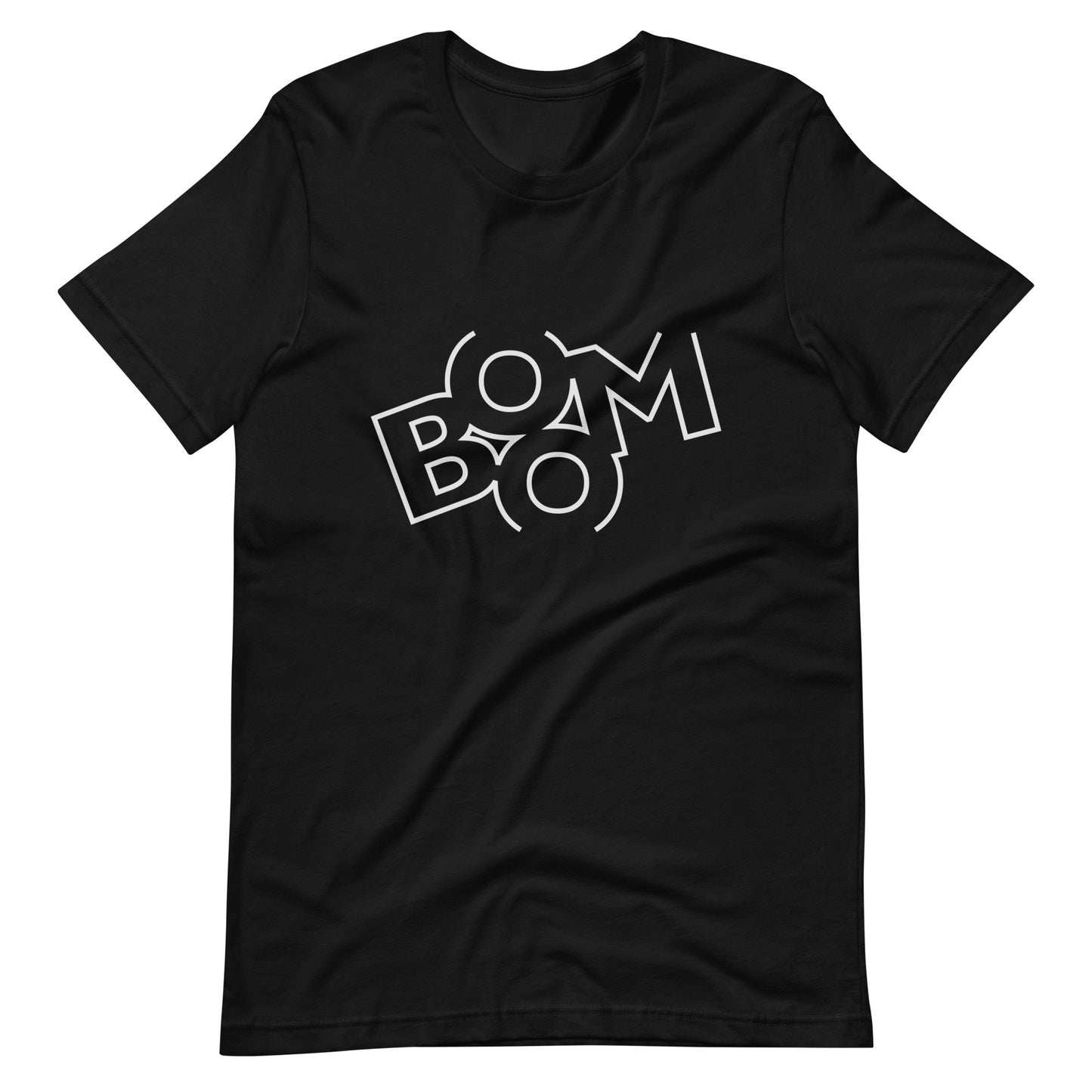 Boom Tee Sound Crew graphic T-shirt. Front view of an open black t-shirt with a graphic that says BOOM.