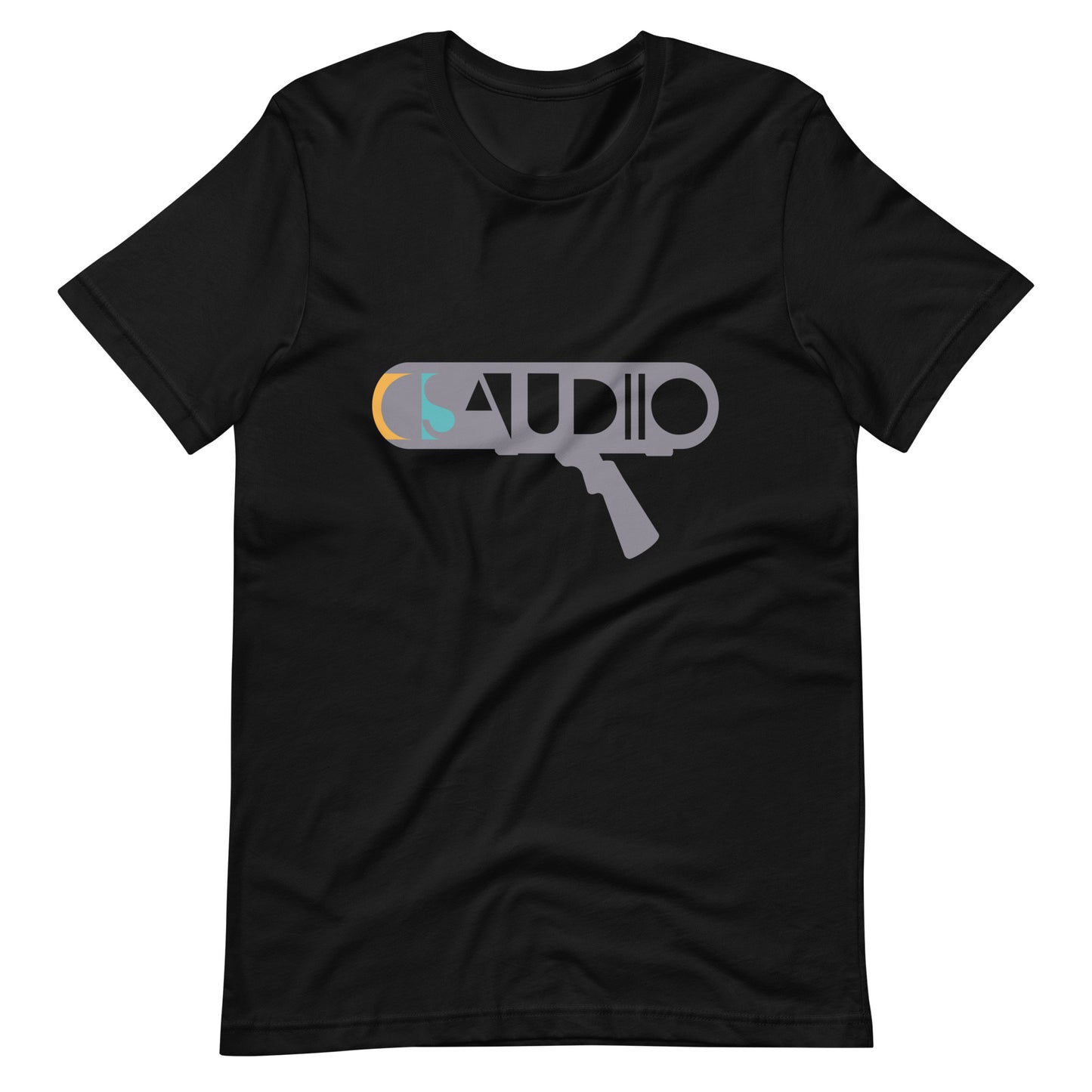 Boom Mic Shotgun graphic T-shirt. Front view of open black t-shirt with a graphic of boom microphone.