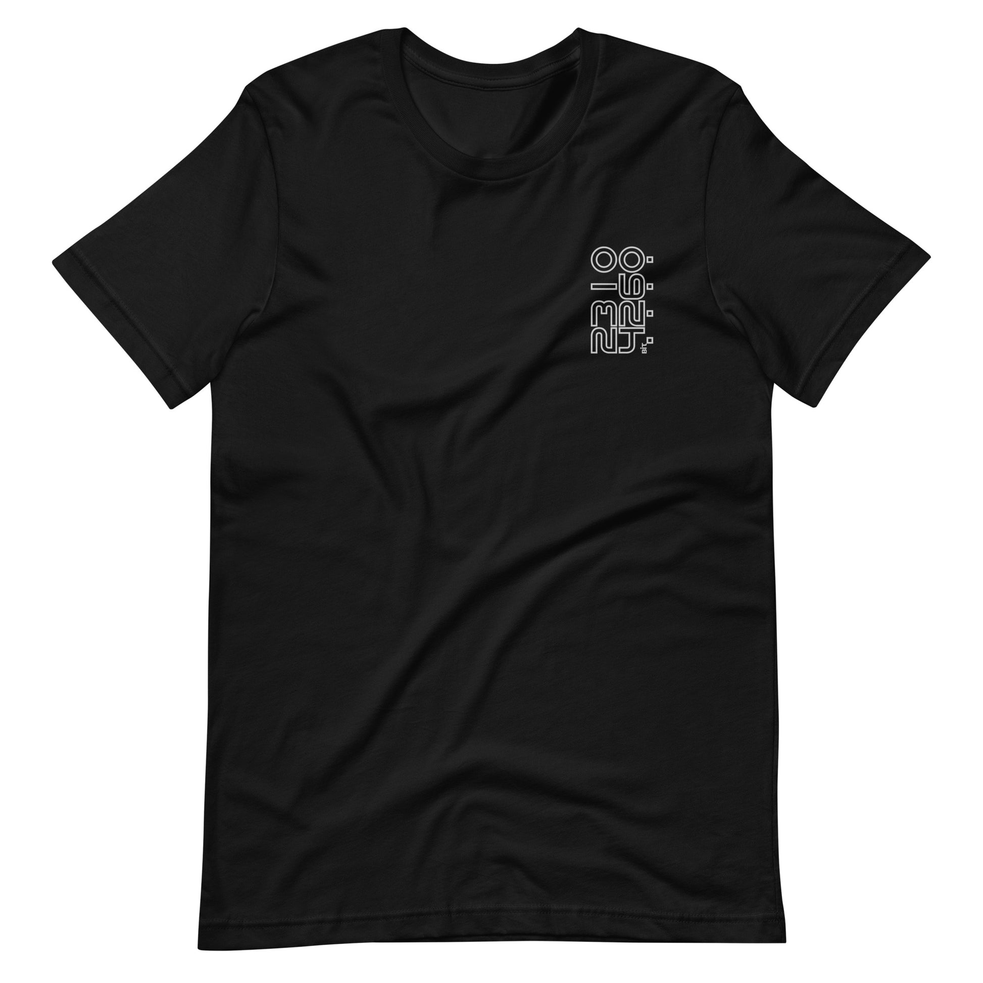 Bit Code 1 Digital Audio graphic t-shirt. Front view of an open black t-shirt with a graphic featuring the numbers 16, 24 and 32.