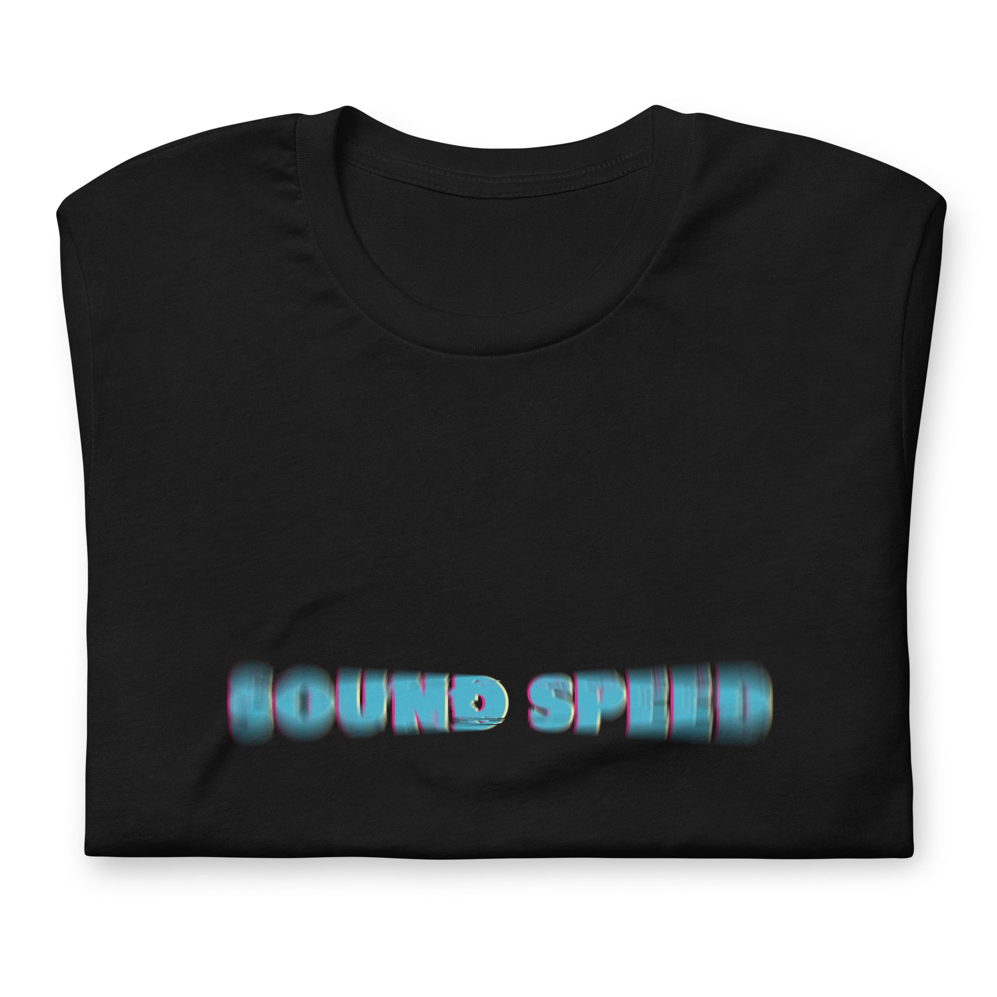 Sound Speed We run the Show graphic t-shirt. Front view of folded black t-shirt with a typographic image that says SOUND SPEED.