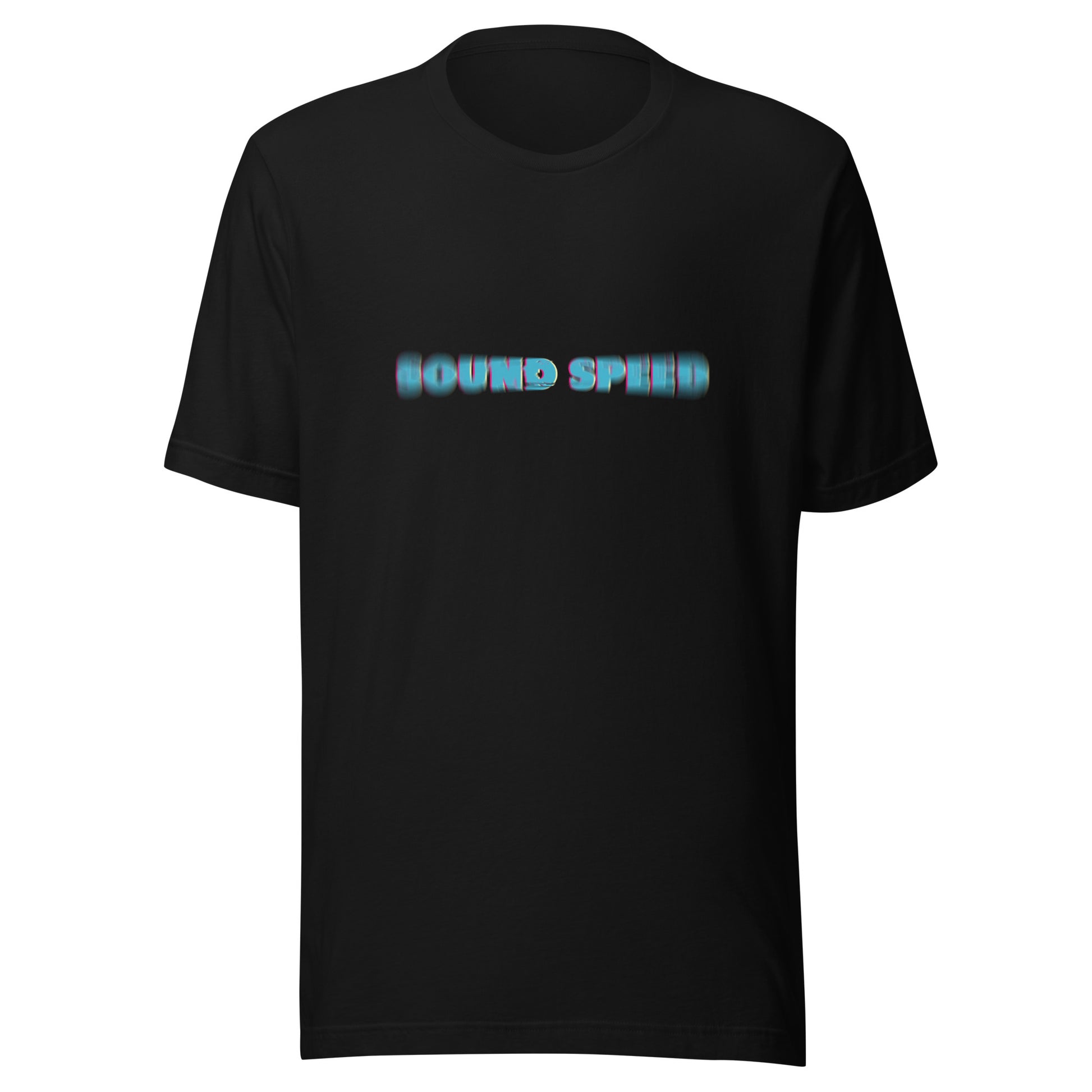 Sound Speed We run the Show graphic t-shirt. Front view of black t-shirt with a typographic image that says SOUND SPEED.