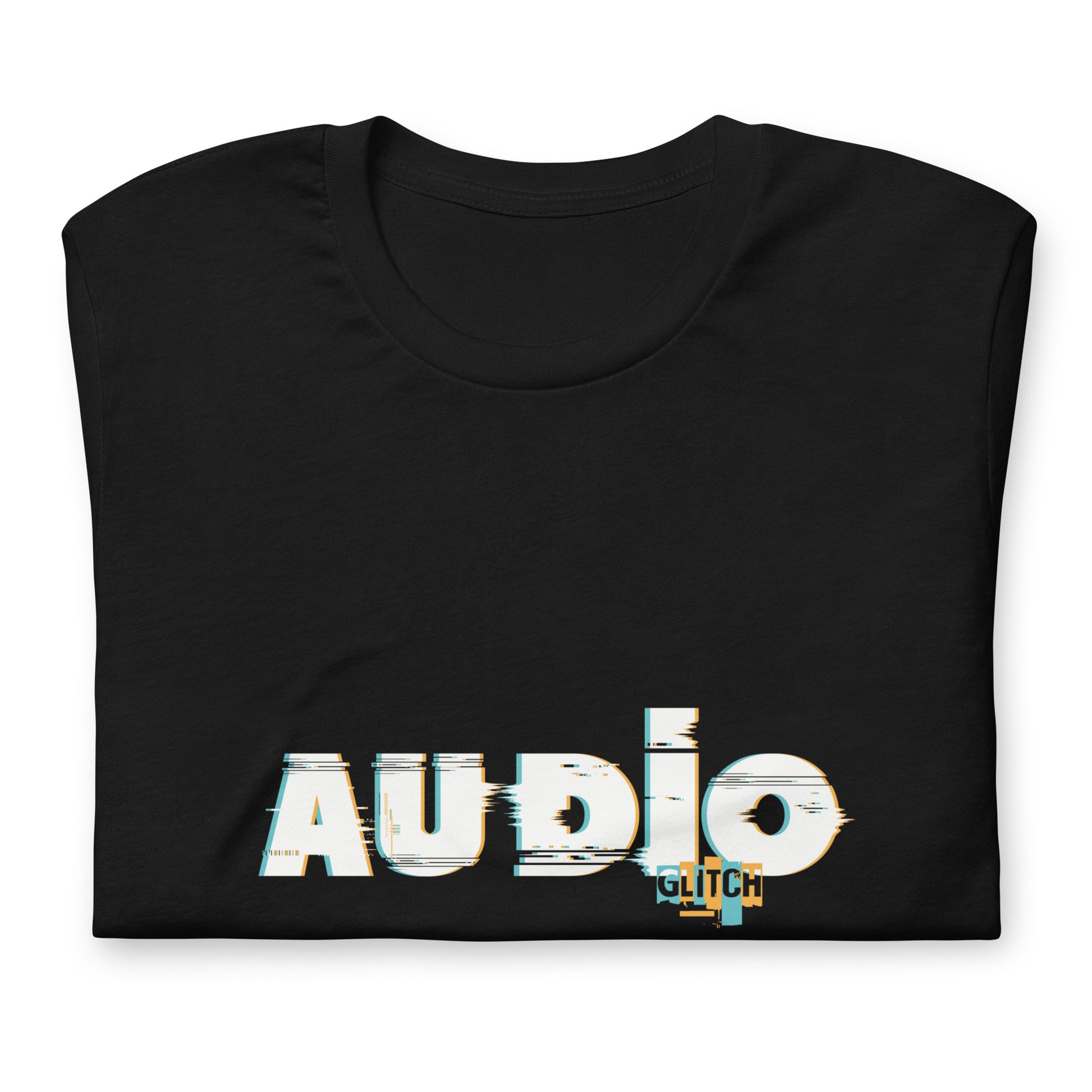 Audio glitch RF transmission graphic t-shirt. Front view of a folded black t-shirt with a graphic that says AUDIO GLITCH.