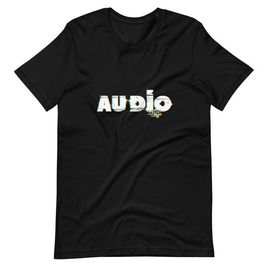 Audio glitch RF transmission graphic t-shirt. Front view of a black t-shirt with a graphic that says AUDIO GLITCH.