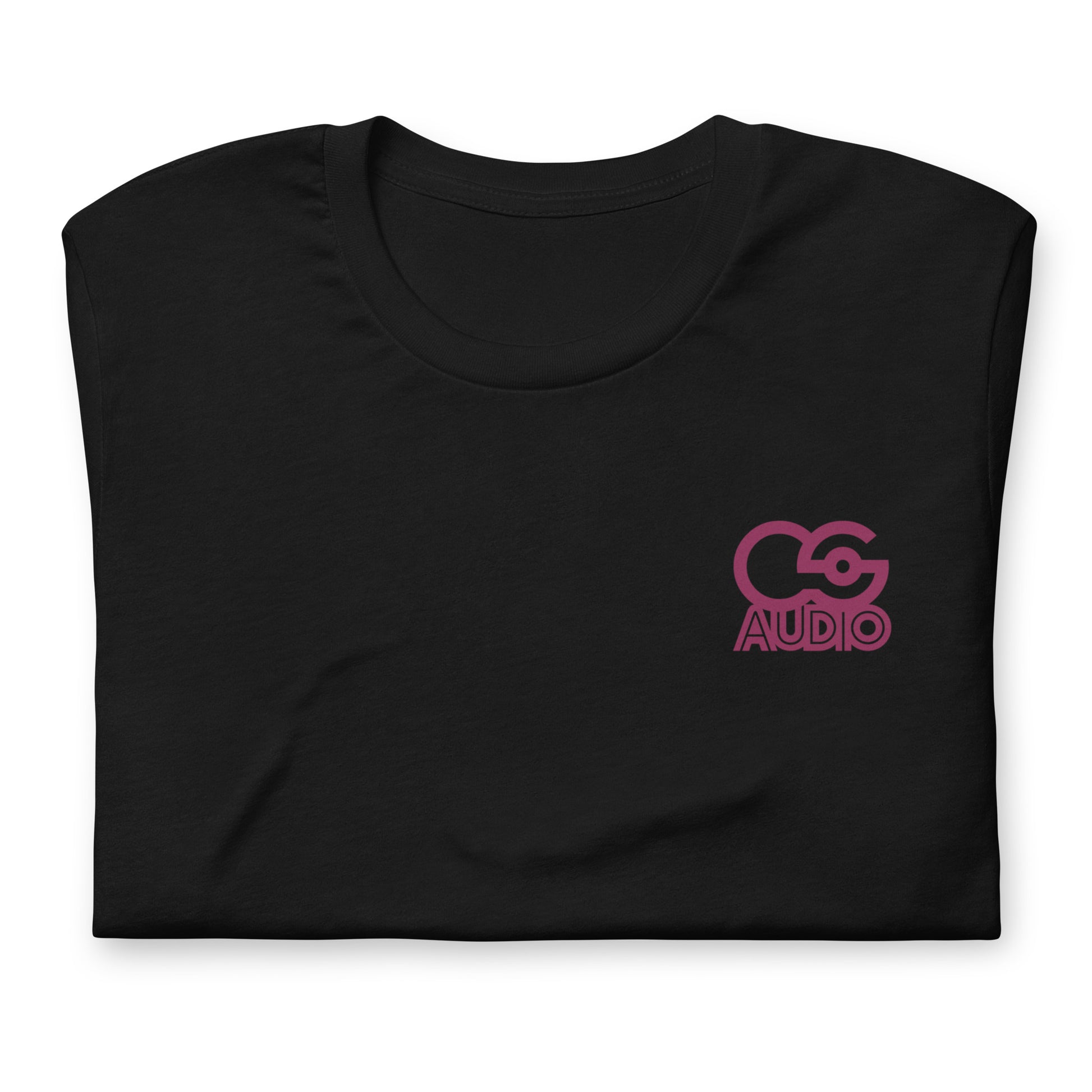 Crew Show Audio Sound Team graphic t-shirt. Front view of folded black t-shirt with a graphic at the top left that says CR AUDIO.