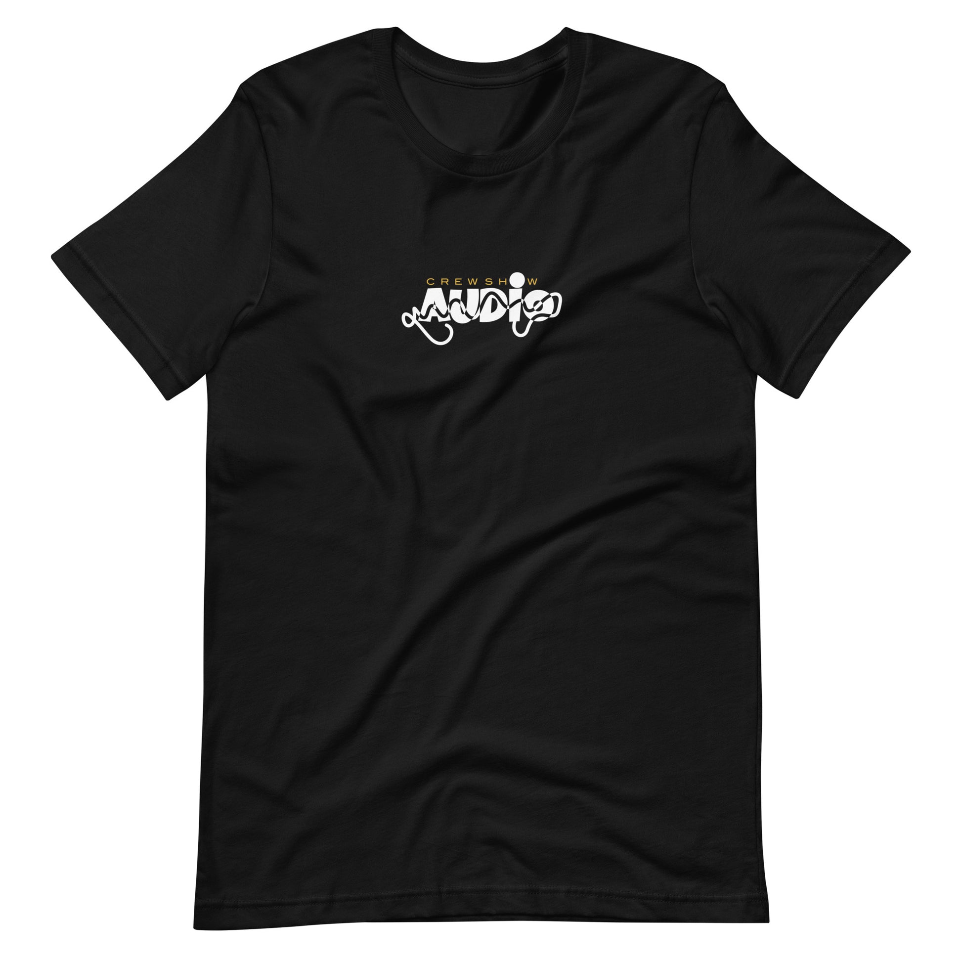 Selektor 2 tone graphic t-shirt. Front view of open black t-shirt with a graphic that says AUDIO.