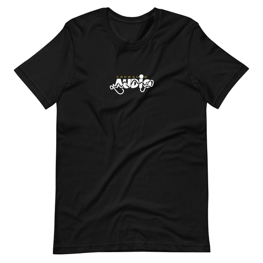 Selektor 2 tone graphic t-shirt. Front view of open black t-shirt with a graphic that says AUDIO.