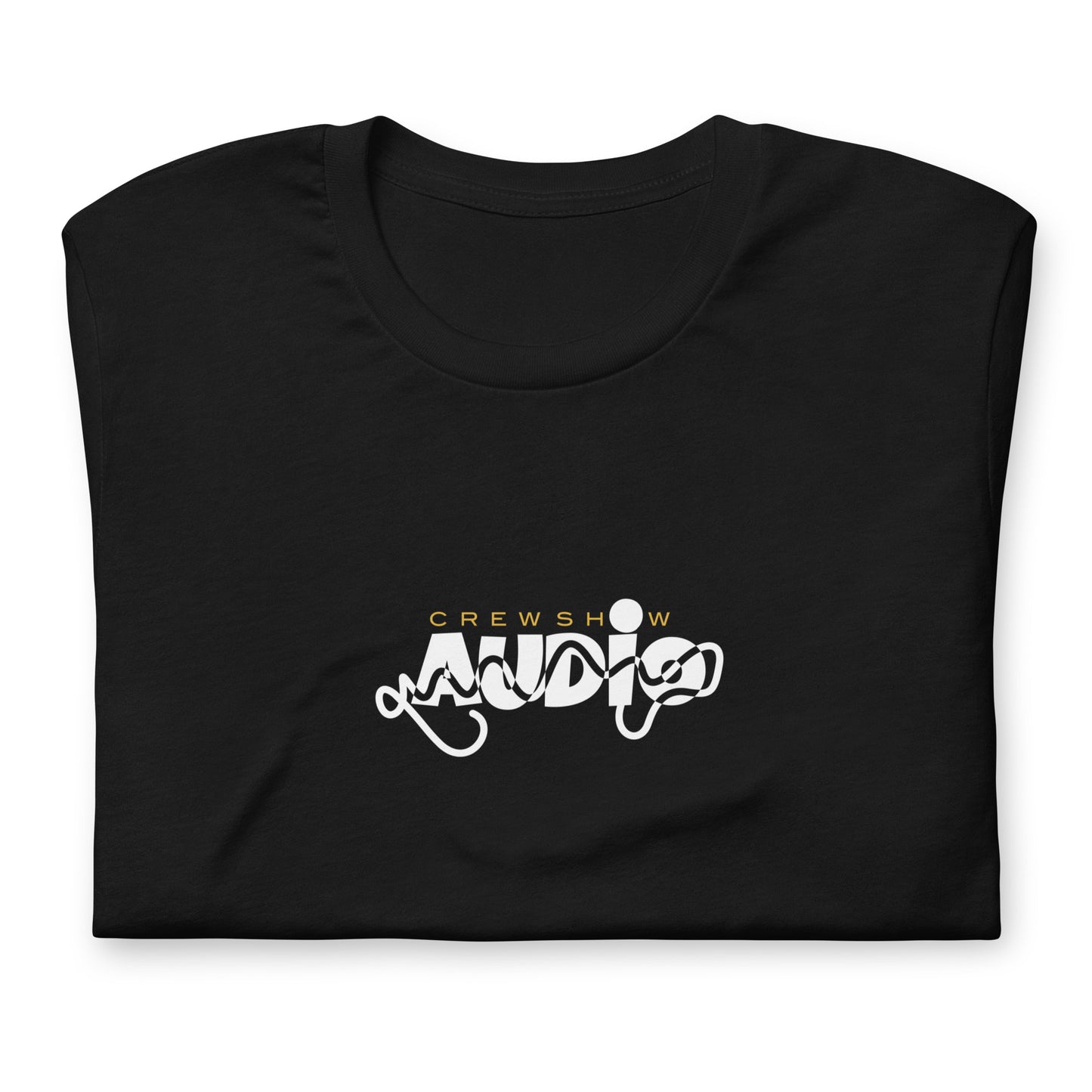 Selektor 2 tone graphic t-shirt. Front view of folded black t-shirt with a graphic that says AUDIO.