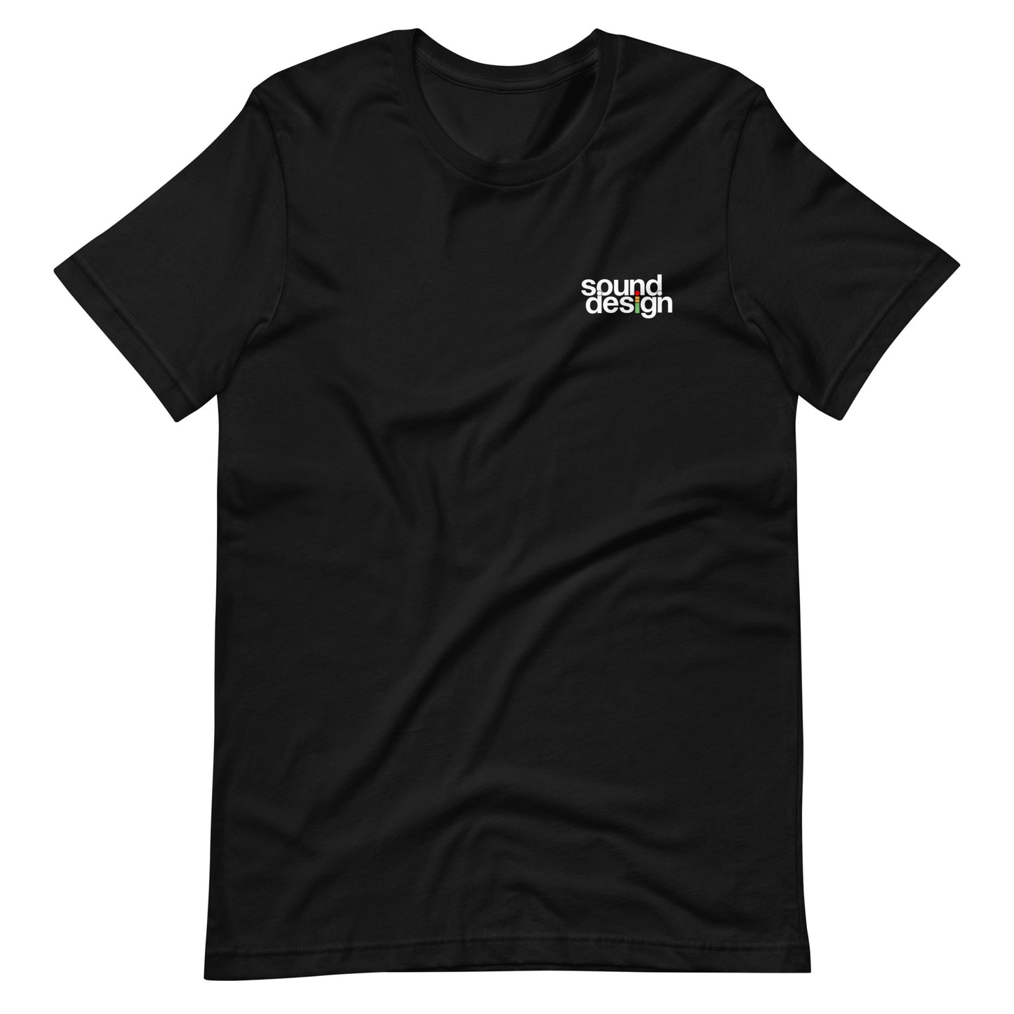 iMeter Sound Design graphic t-shirt. Front view of black t-shirt with a graphic that says Sound Design.