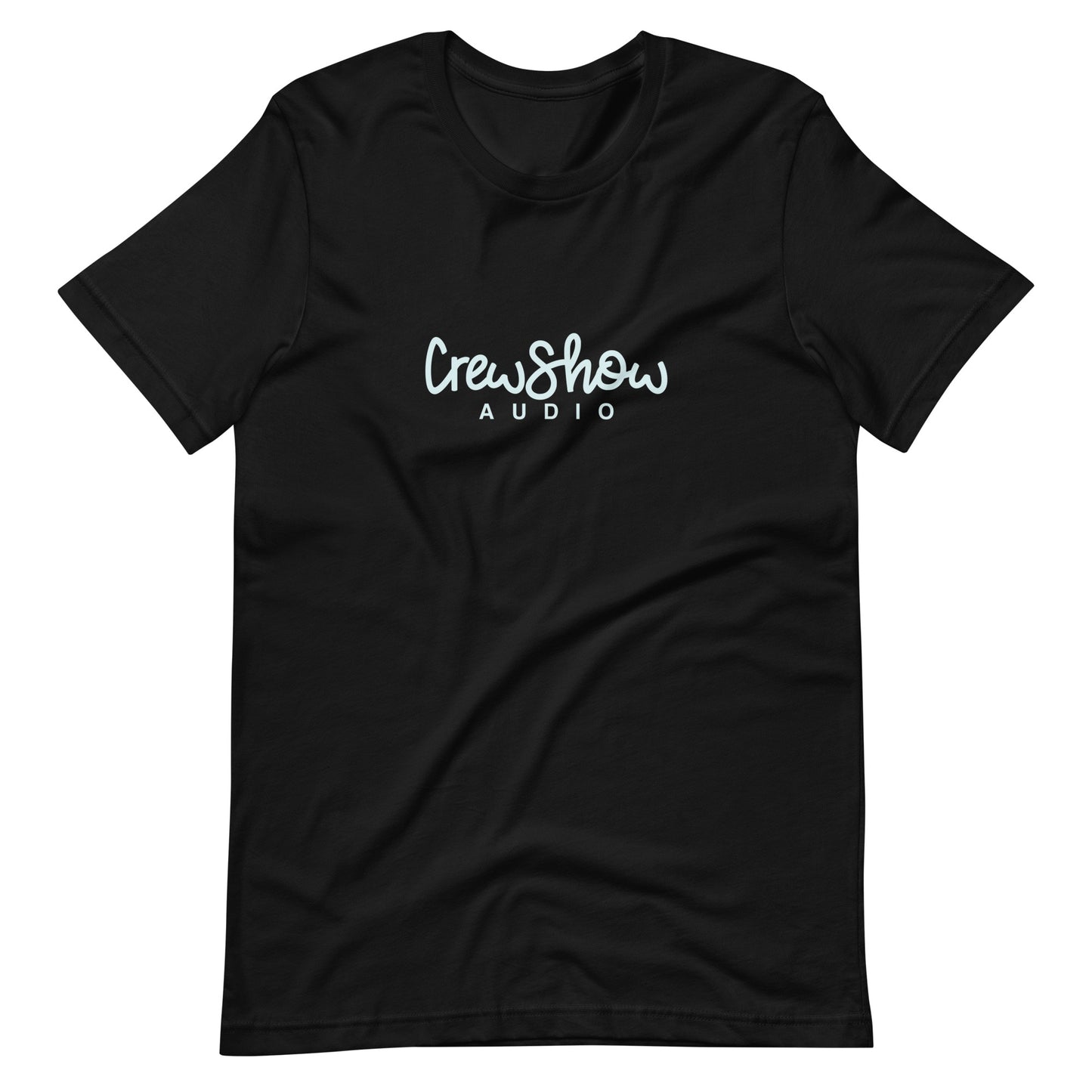 Crew Show Audio Script graphic t-shirt. Front view of black t-shirt with a script style graphic that says Crew Show Audio.