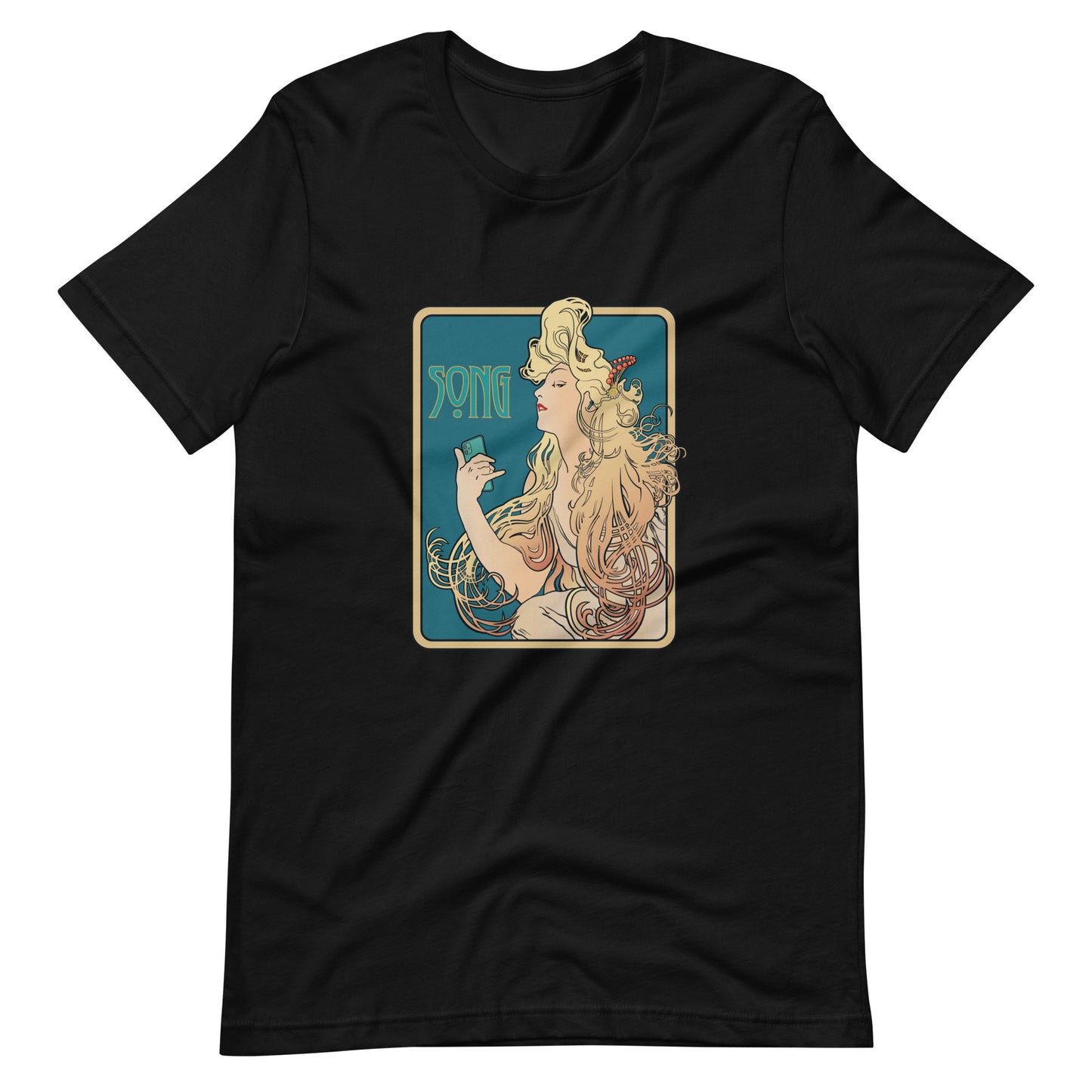 Nouveau Song Mucha Style graphic t-shirt. Front view of black t-shirt with Art Nouveau type graphic.